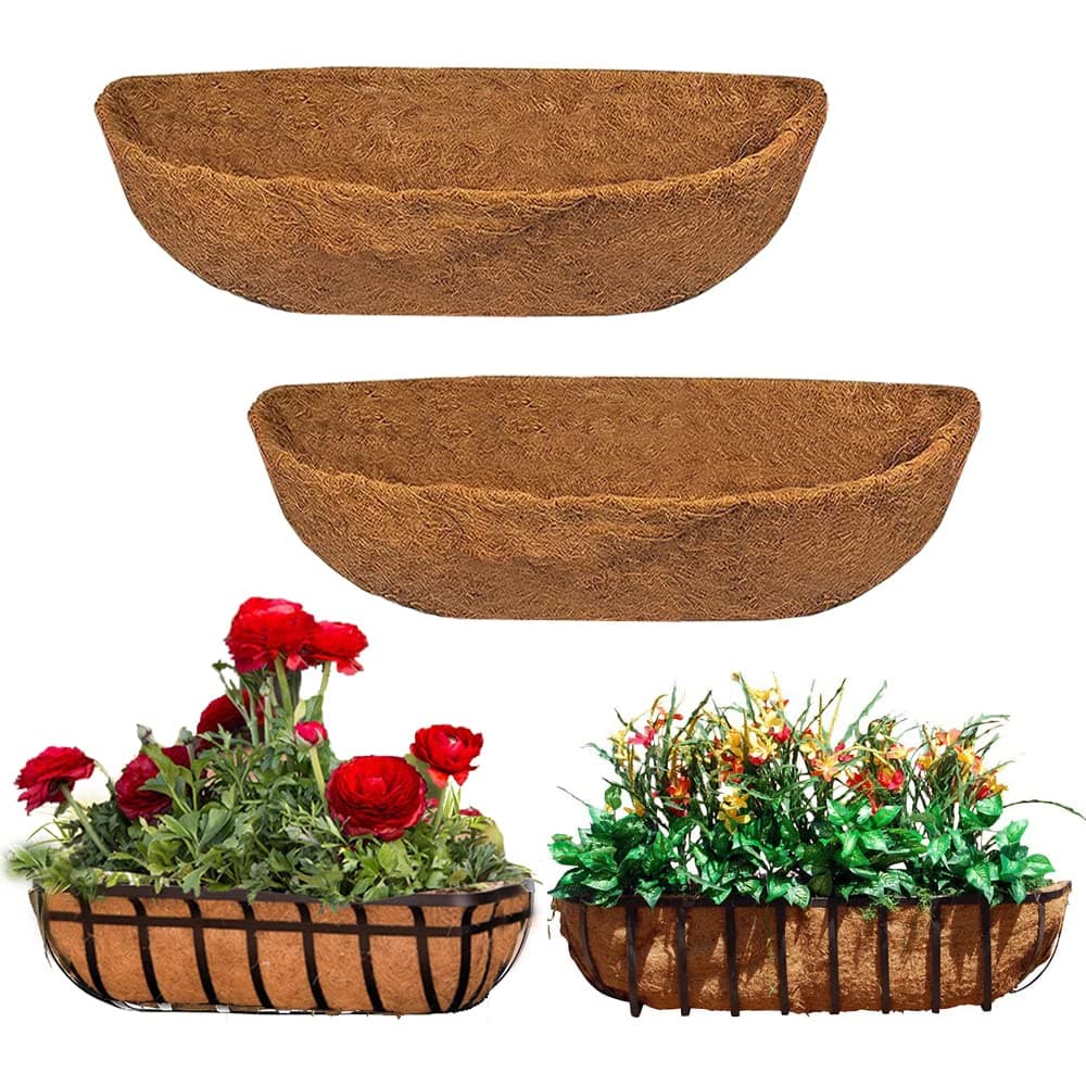 EROCK 2PCS Coco Liner Trough, 24/30/36/48 inch Half Moon Shape, Brown, Natural Coconut Fiber, Indoor/Outdoor, Perfect for Flower Basket & Window Box, 2 Levels, Breathable, 1 lb, 7x24x8 inches