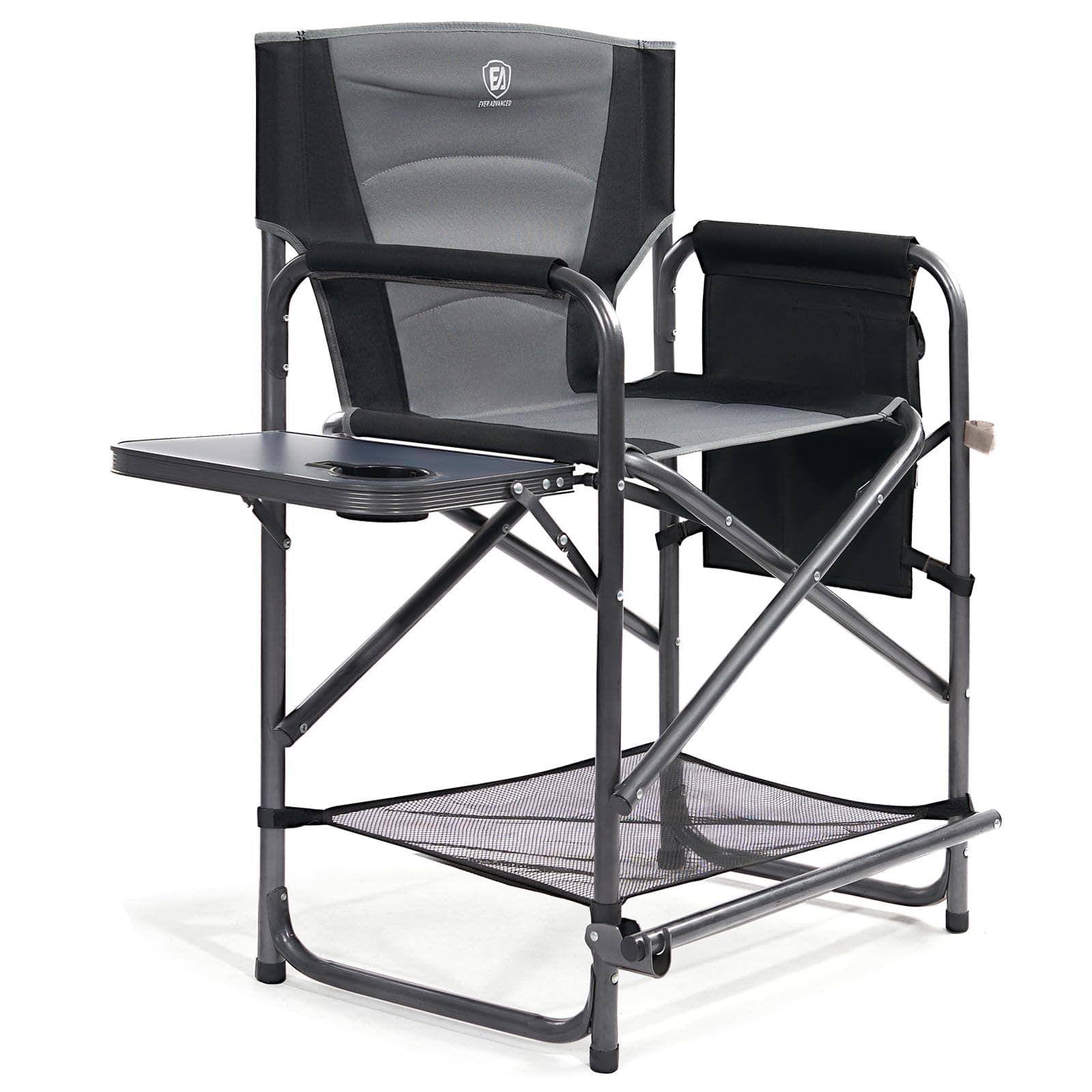 EVER ADVANCED Medium Tall Directors Chair Foldable Makeup Artist Chair Bar Height with Side Table Cup Holder and Pocket Footrest, Supports 400LBS (Grey, Seat Height: 23.2 inches)