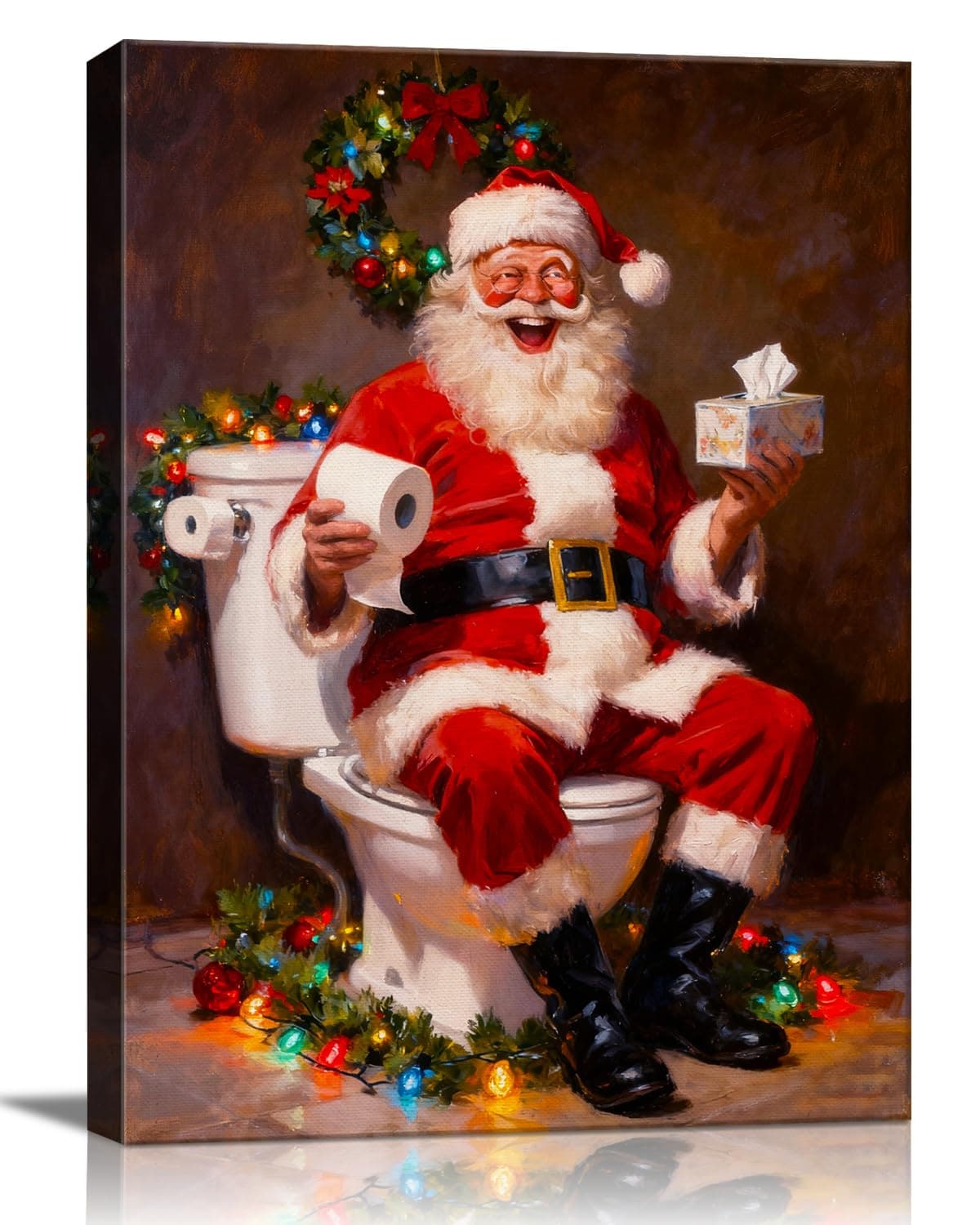 Funny Santa Claus Christmas Canvas Wall Art - Humorous Bathroom & Office Framed Print Ready to Hang, Unique Christmas Gifts for Family, Festive Winter Decor & Amusing Christmas Decorations