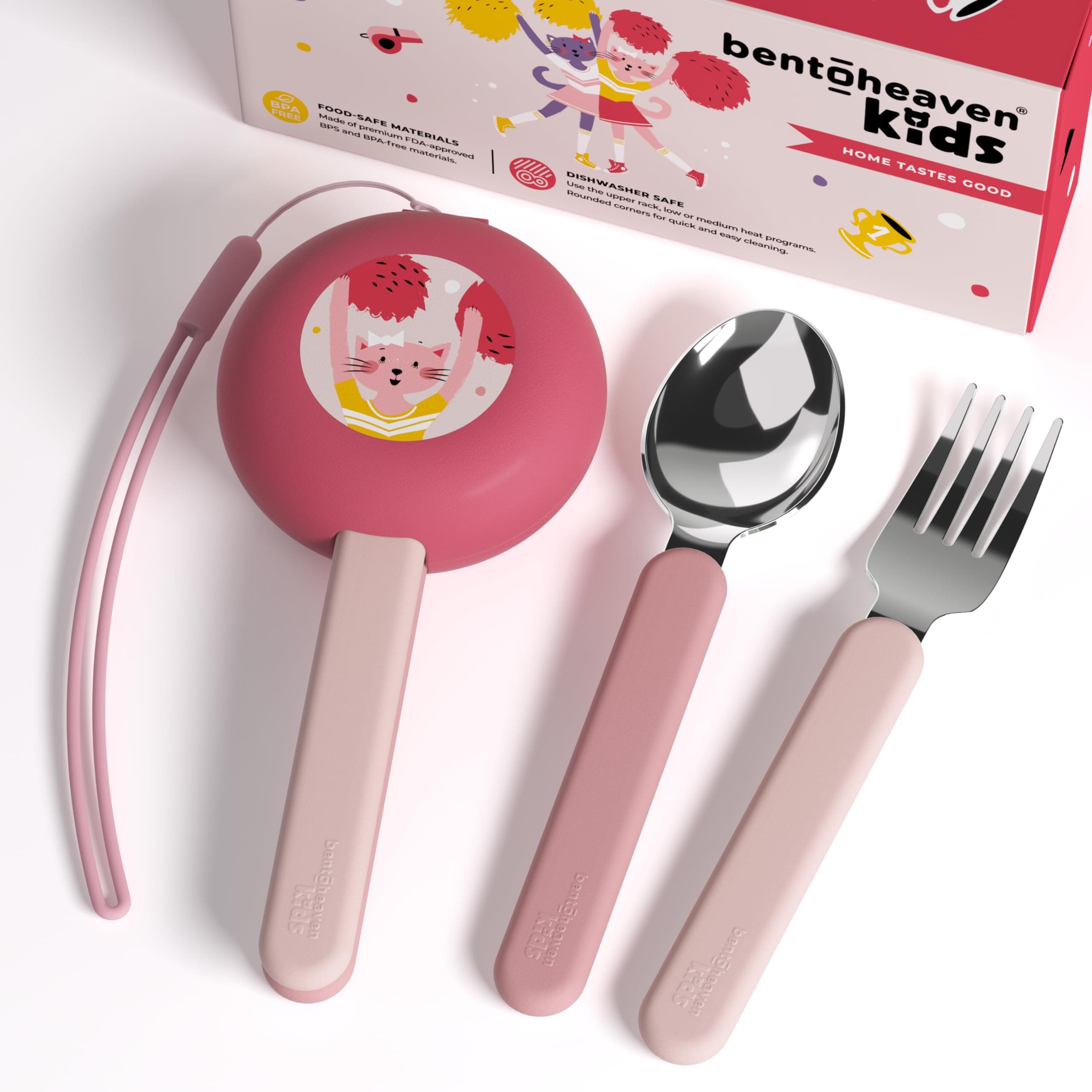 Bentoheaven Kids Utensils Set with Case, Reusable Fork & Spoon, Cats