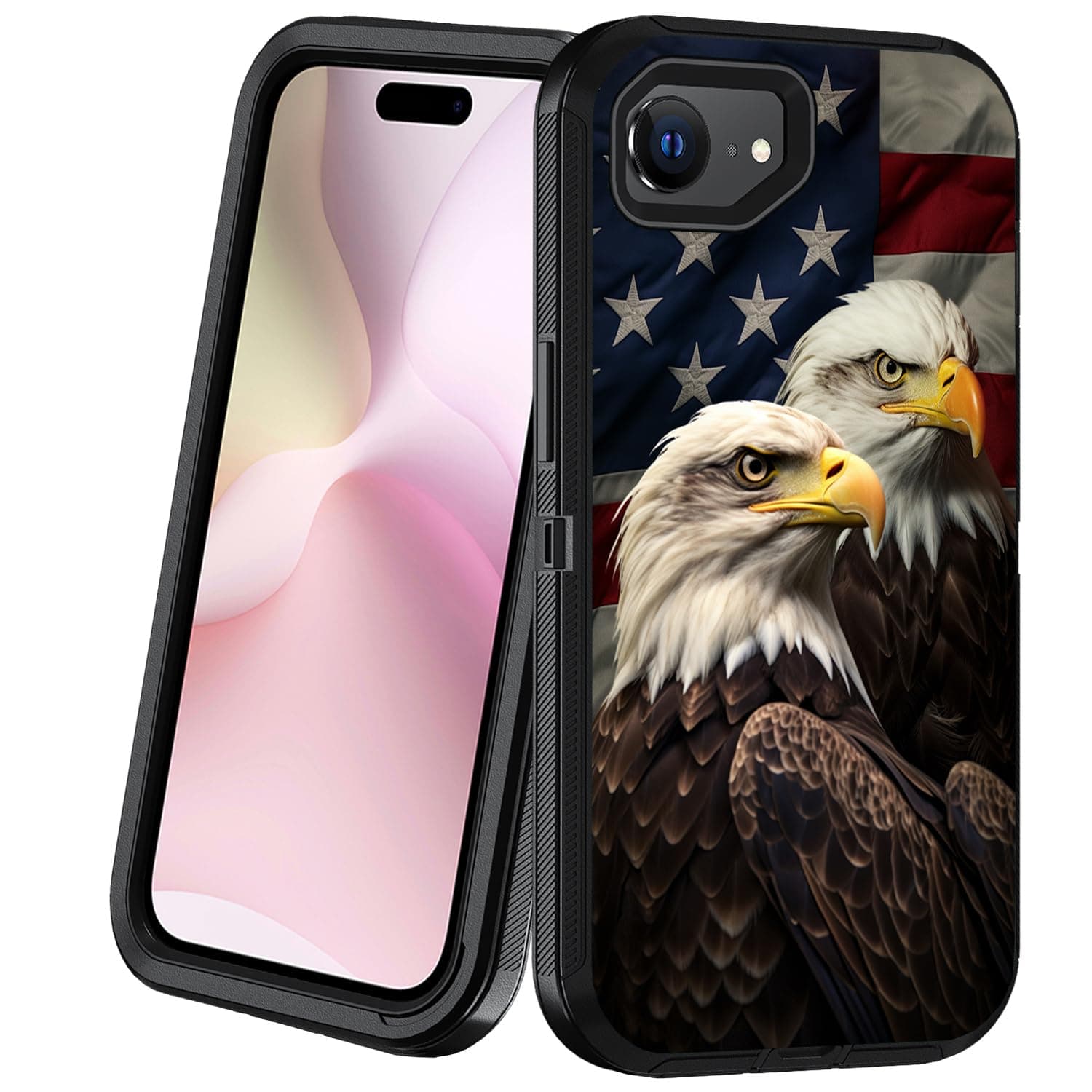 BXIKEOPIU Designed for iPhone 16e Case, Heavy Duty 3-Layer Shockproof Dust/Drop Proof Full-Body Rugged Phone Protective Cover for iPhone 16e 6.1" 2025 - American Flag Bald Eagle