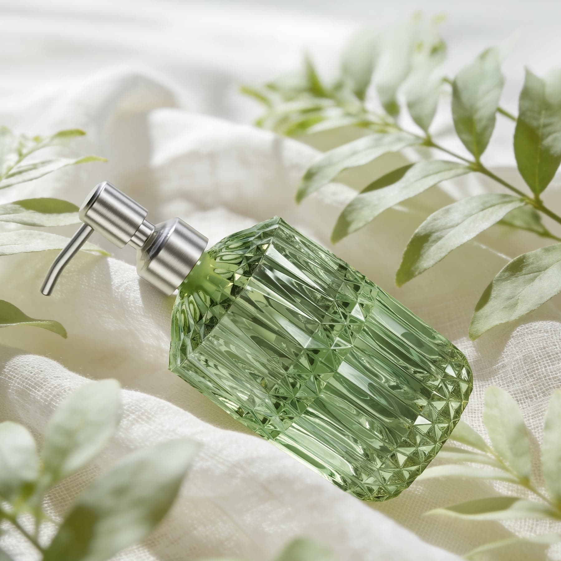 AmazerBath Soap Dispenser, Green Glass Soap Dispenser with Pump Stainless Steel, 14.2OZ Refillable Hand Bottles Bathroom Kitchen, 1 Pack