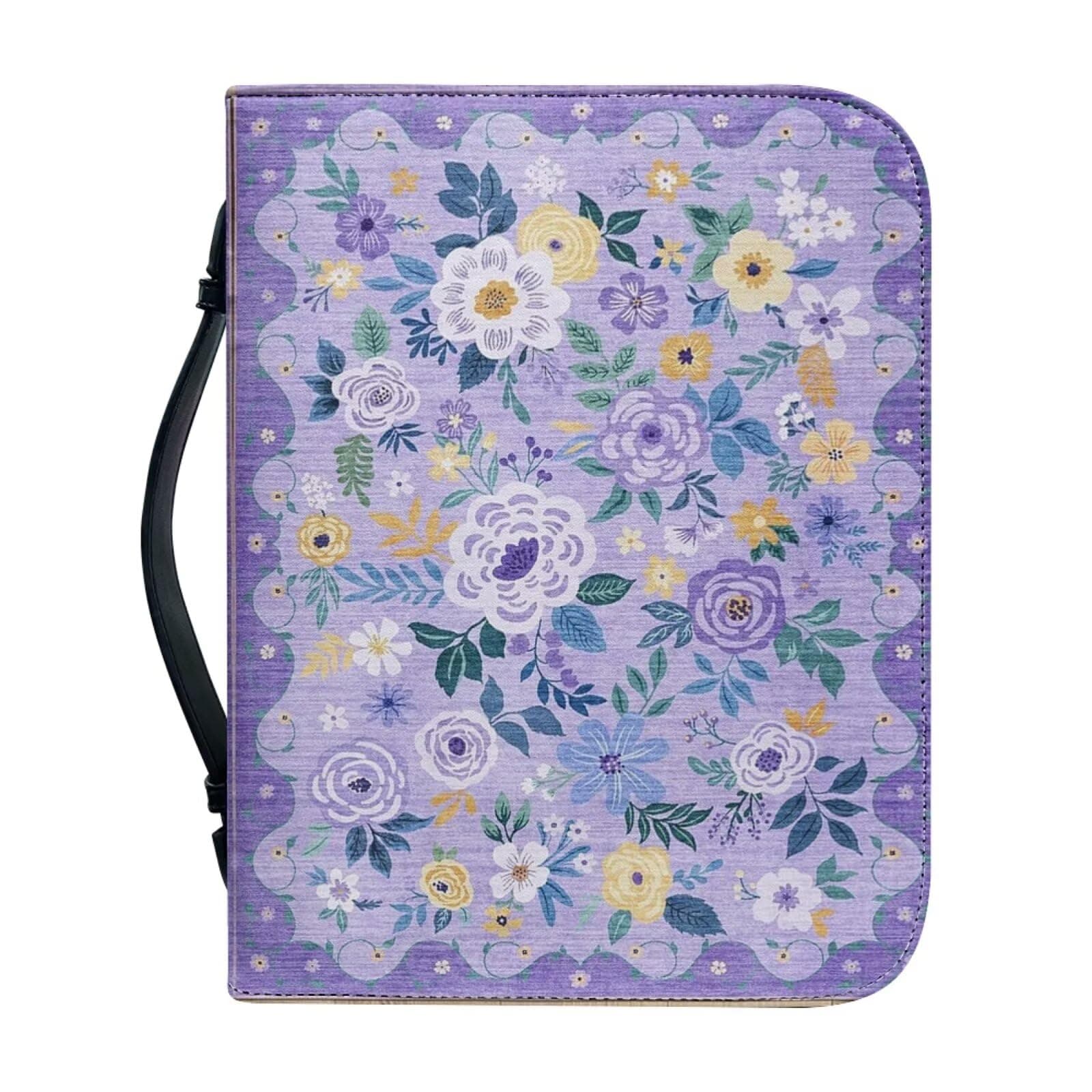 WUYOJUXA Bible Cover Case for Women Floral Print Large Bible Tote Bags Organizer Quilted Bibles Carrying Case for Girls Carrying Book Case Church Bag Christian Gifts Purple-size:L