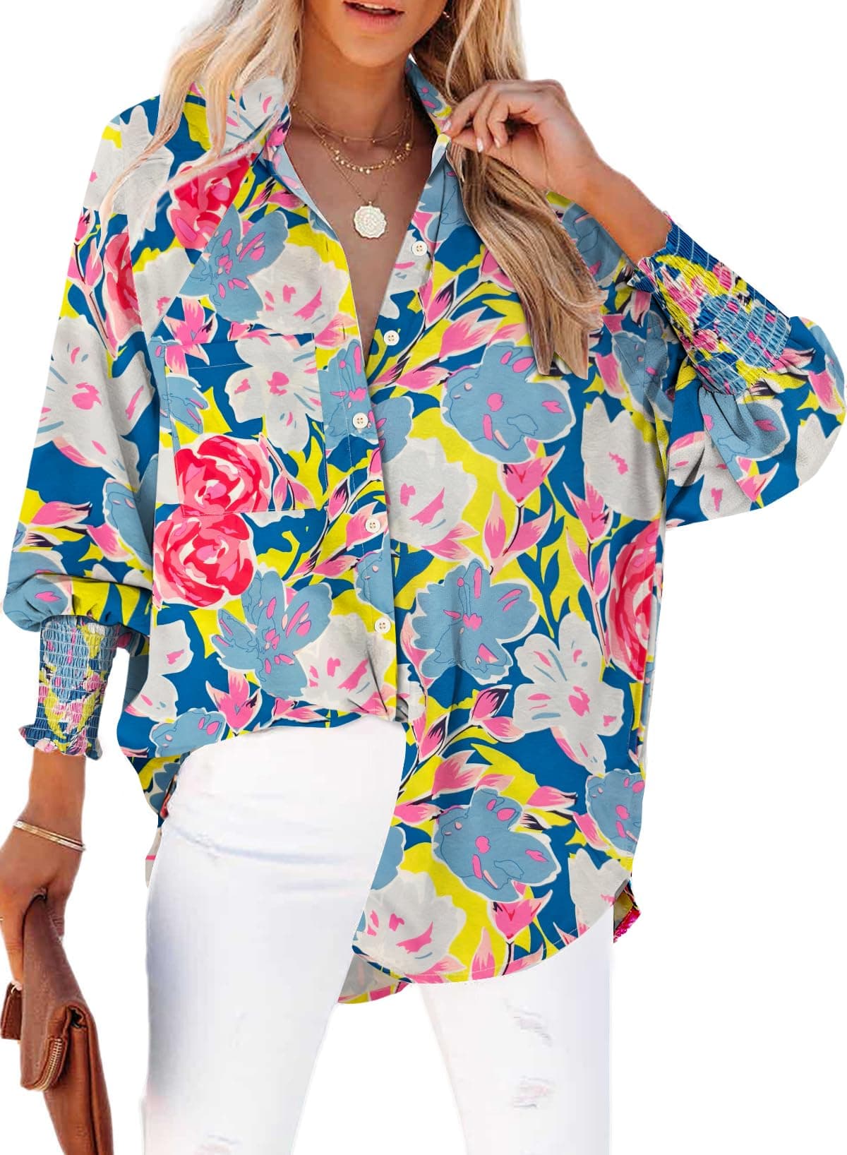 Womens Smocked Cuffed Striped Boyfriend Shirt Casual Collar Long Sleeve Oversized Button Down Blouse Tops with Pocket Shirred, Floral Yellow Blue, S