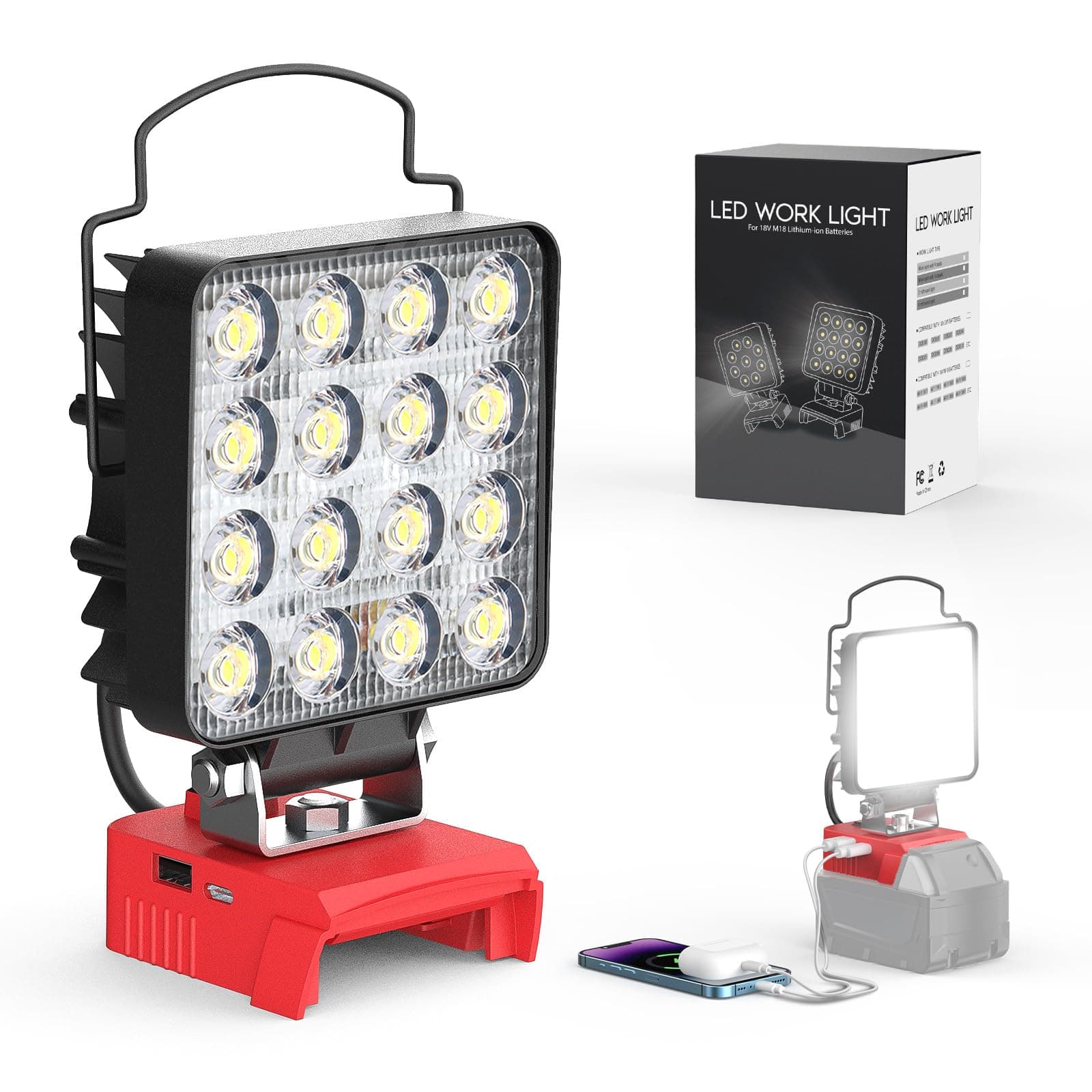 Ecarke Upgrade LED Work Light Compatible with Milwaukee18V Battery, 112W Cordless Work Lights 11200LM of Flashlight Battery Light with Low Voltage Protection & Type-C & USB-A Charger Port