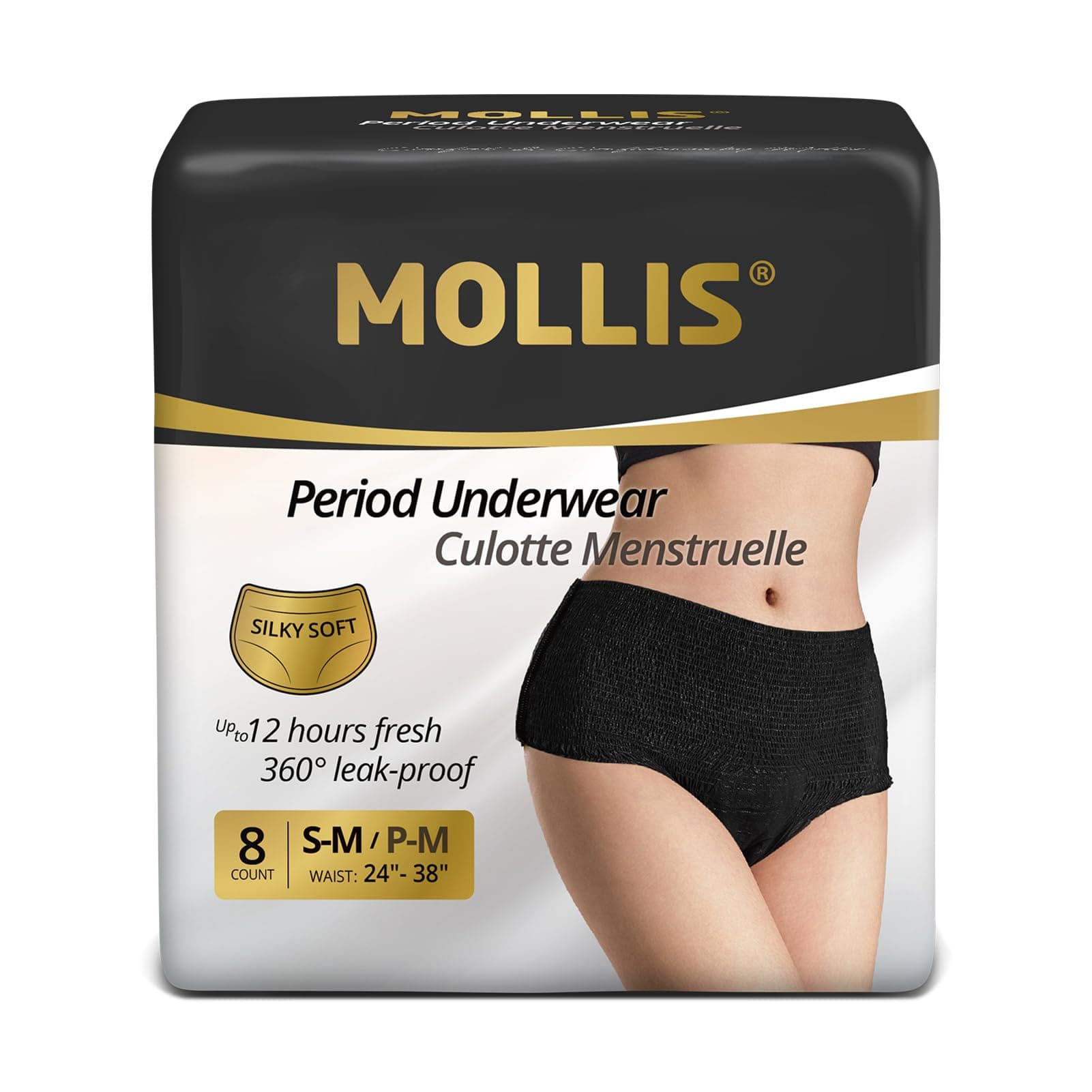 MOLLIS Disposable Period Pants for Women Heavy Flow, Maternity Pads & Postpartum Underwear, Incontinence Knickers Leak Proof, Black, Small/Medium, 8 Count