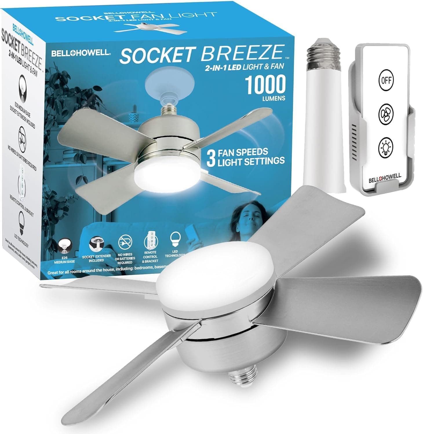 Bell+Howell Socket Fan Cool Light Deluxe Silver – Ceiling Fans with LED Lights and Remote Control, Replacement for Lightbulb - Bedroom, Kitchen, Living Room,1000 Lumens / 5000 Kelvins
