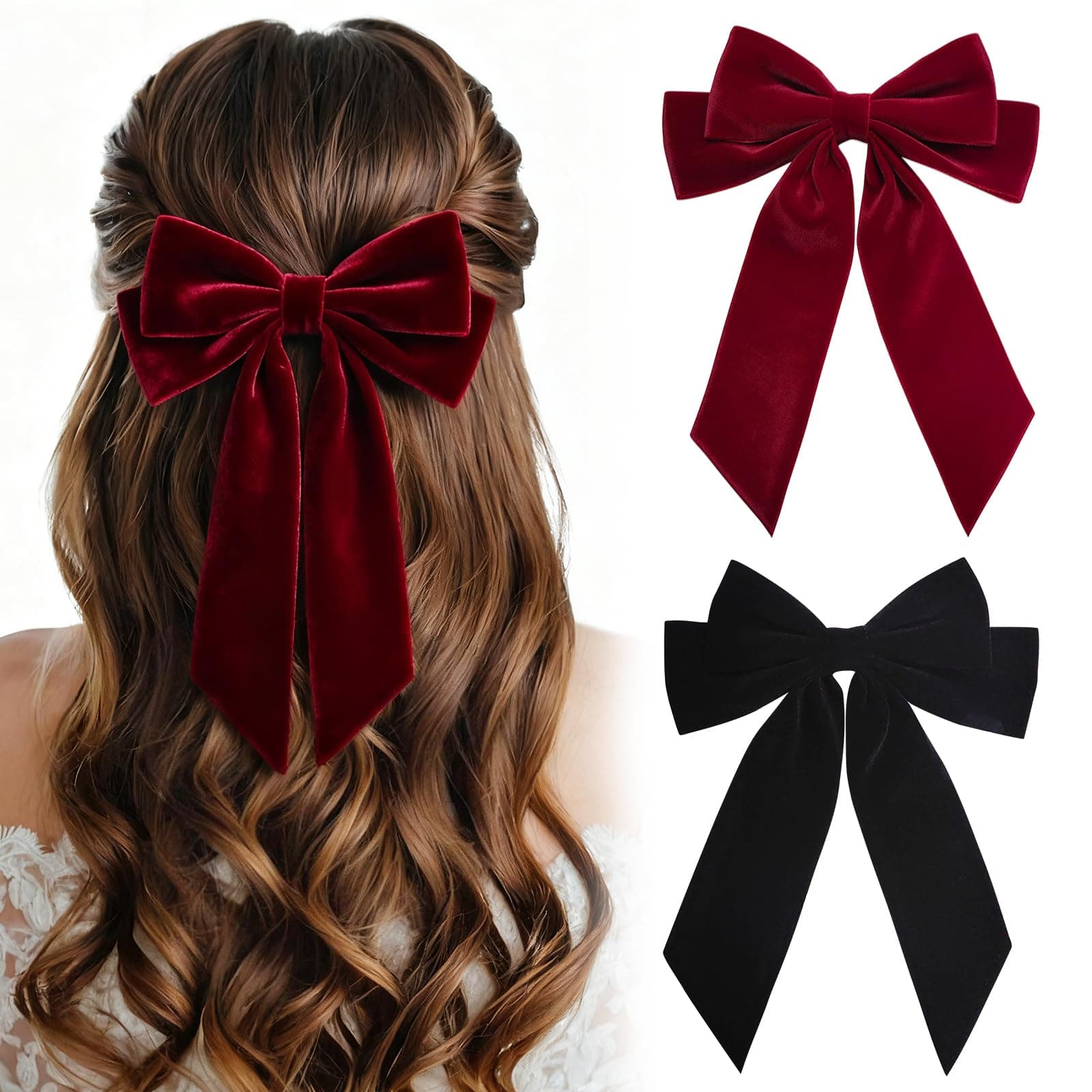2PCS Velvet Bows Hair Clip Ribbon Black Red Accessories Bow for Women Girls Toddlers Teens Kids