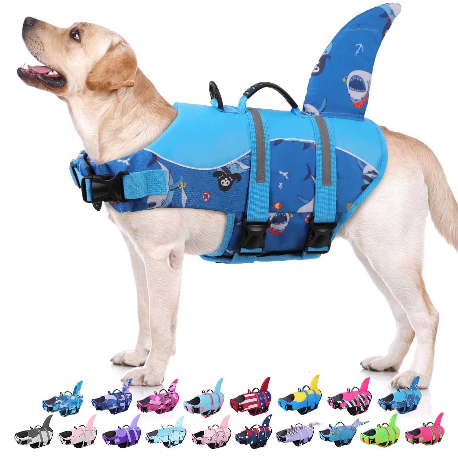 Bess Bridal Dog Life Jacket - Shark Life Vest for Swimming Boating - Reflective Lifejacket Swimsuit for Small Medium Large Dogs - High Buoyancy Lifesaver Preserver with Rescue Handle, Blue Pirate XS