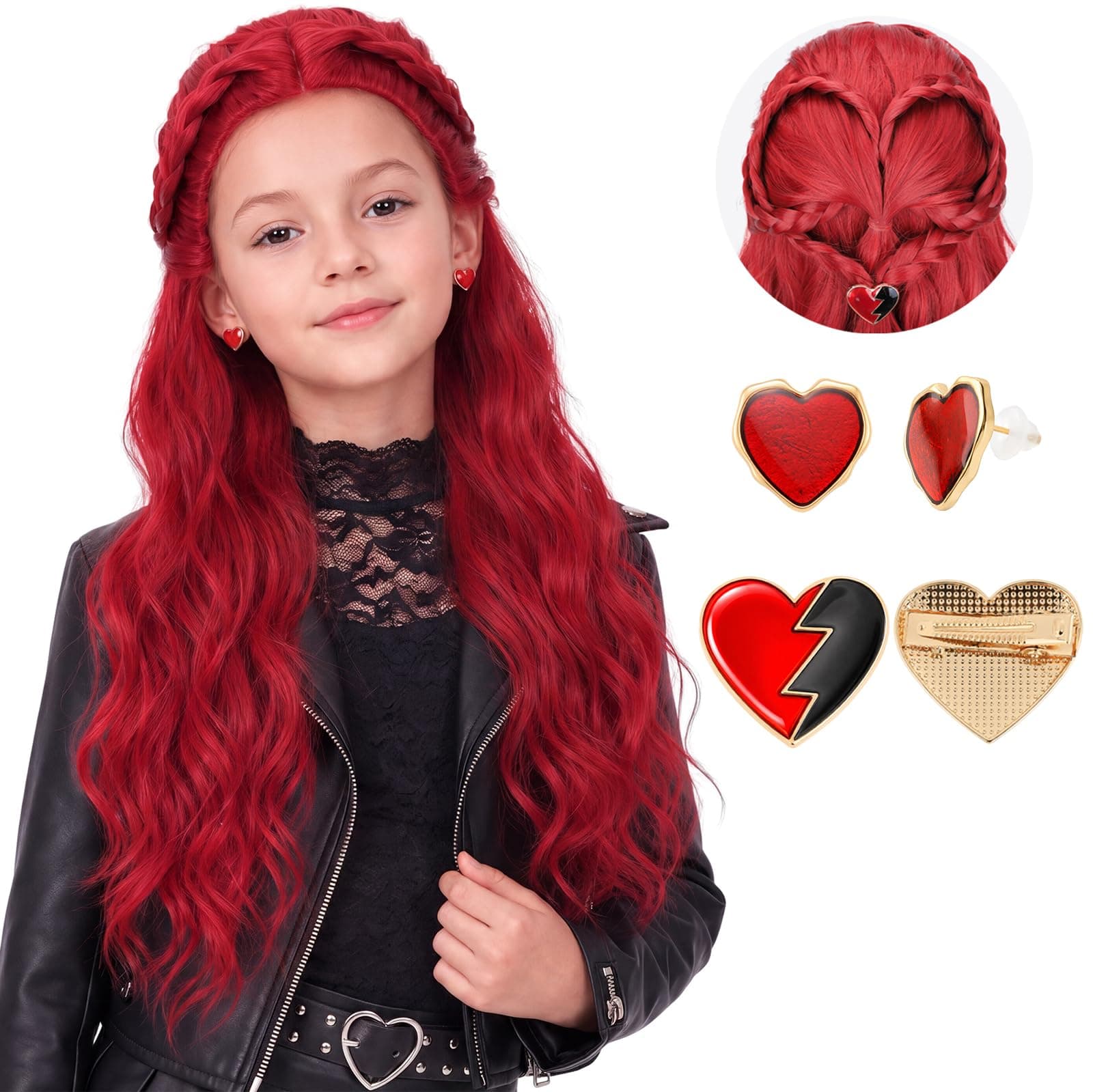 Kids Girls Long Red Cosplay Wig with Earrings & Clip for Princess Costume