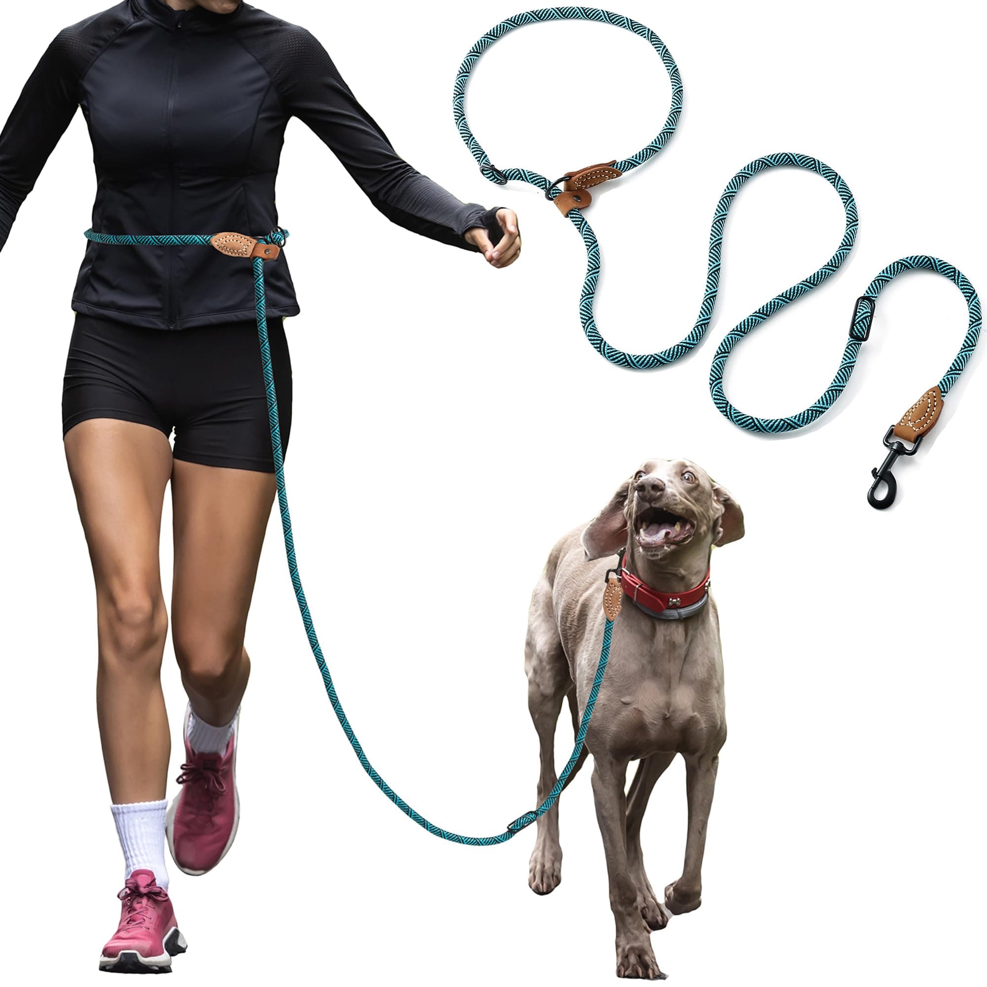 Mile High Life Hands Free Leather Tailor Handle Mountain Climbing Dog Rope Leash with Heavy Duty Metal Sturdy Clasp (Turquoise Green)