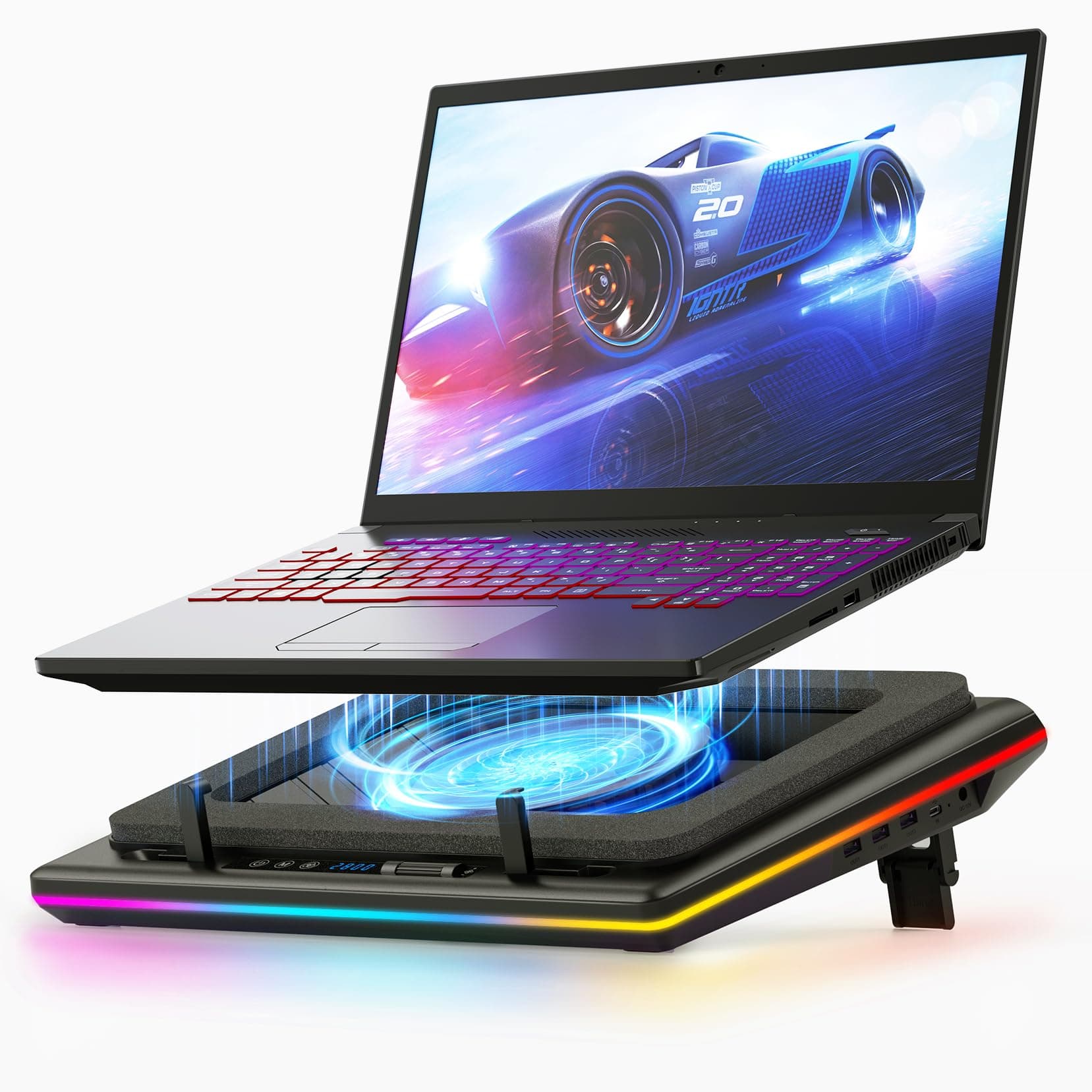 Llano Refroidisseur Ordinateur Portable avec RGB, Ventilateur Turbo de 14cm Extra Large à Vitesse réglable,Mousse d'étanchéité, concentrateur USB de 3 Ports pour portatile de 38 à 48cm