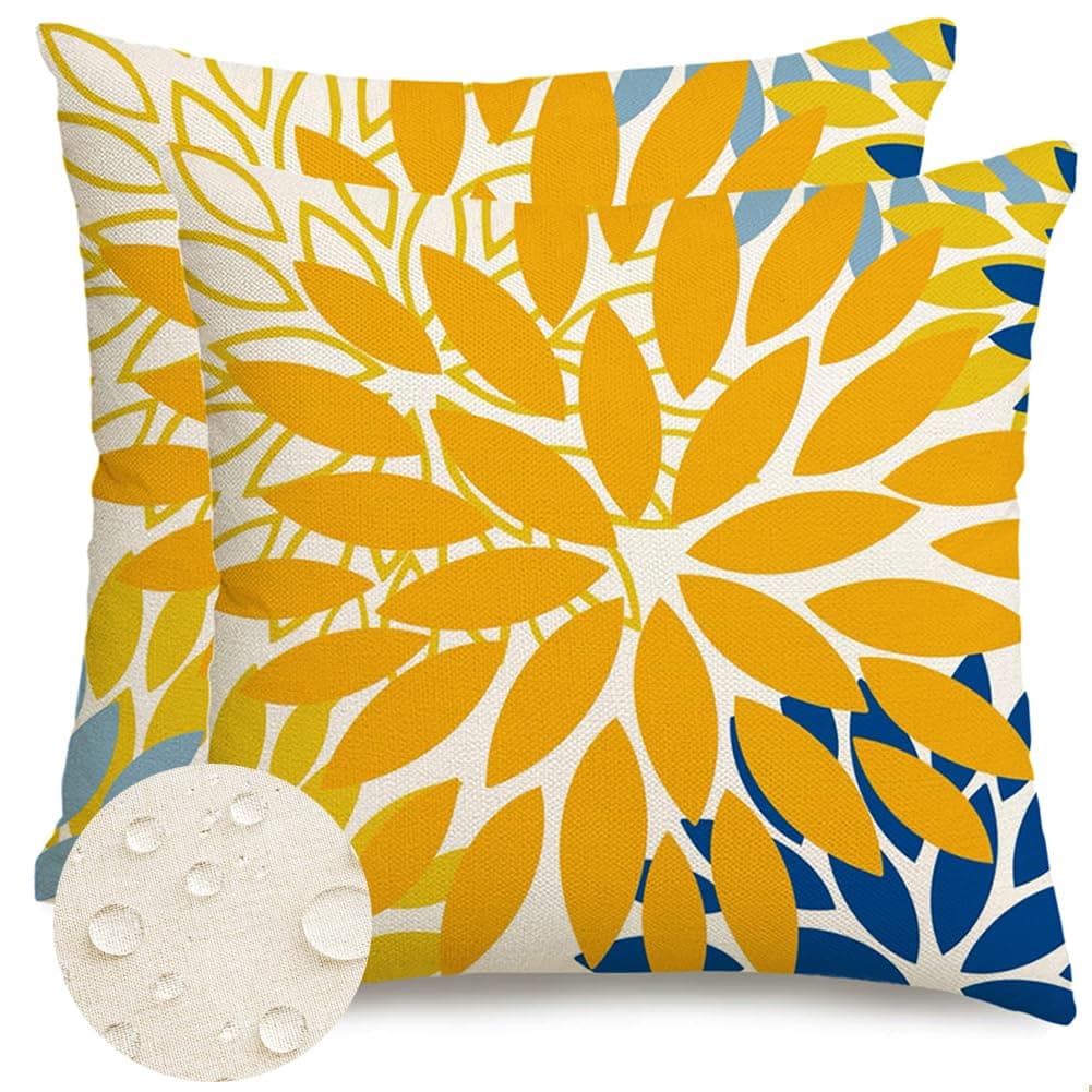 RABUSOFA Outdoor Pillow Covers Waterproof 20x20 Inch Set of 2 Cushion Covers,Dali Floral Decoratiove Throw Pillows,Mustard Yellow Patio Funiture Garden Decor Pillowcase for Sofa Couch Navy Blue(01-20)