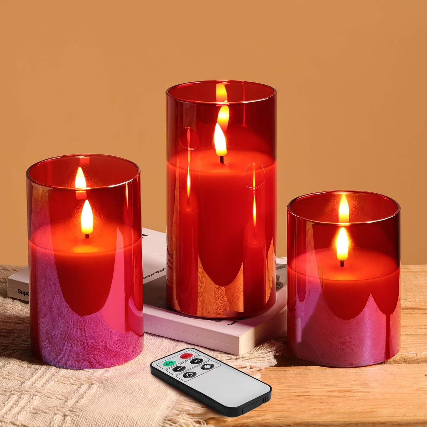 Eywamage Red Glass Flameless Candles with Remote, Flickering LED Battery Candles Set of 3, Home Wedding Decor Seasonal Gifts D 3 inch H 4 inch 5 inch 6 inch