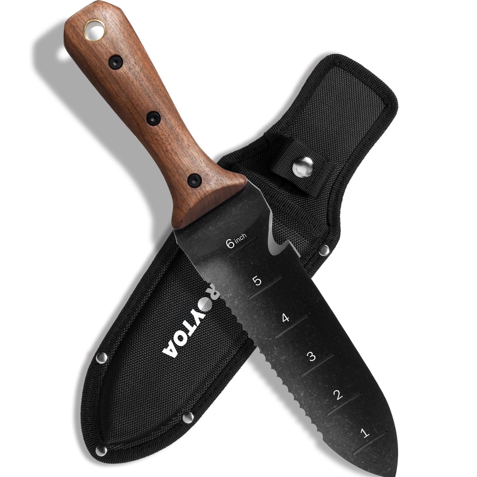 ROYTOA Hori Hori Garden Knife, Sheath Garden Tools for Weeding, Planting, Digging, 7" Stainless Steel Blade with Cutting Wire, Walnut Wood Handle with Full Spike and Fur