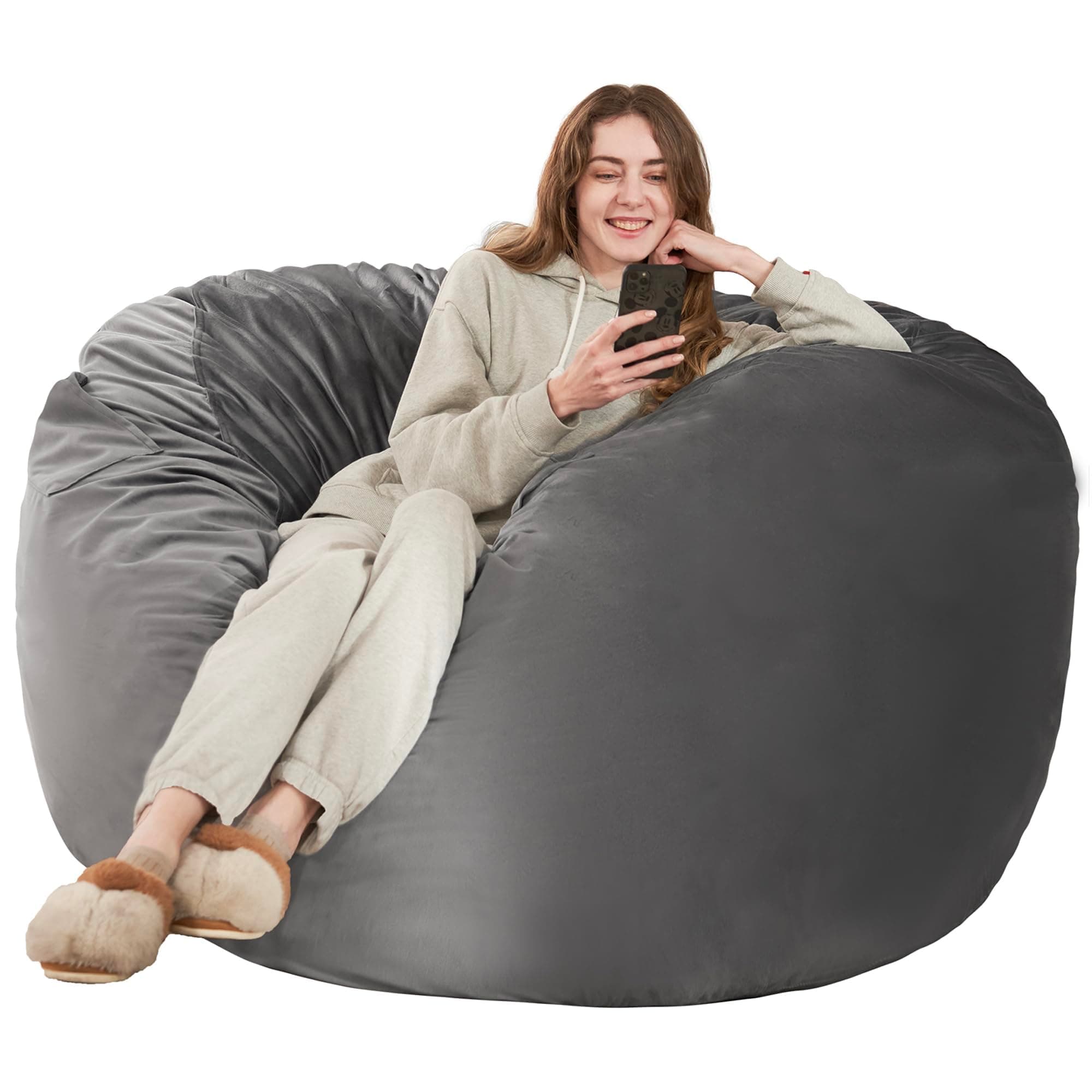 HABUTWAY 6FT Bean Bag Chair, Bean Bag Chair Adult with Velvet Cover,Beanbag Chair with Filler,Giant Bean Bag Chairs for Dorm Room, Living Room, Grey