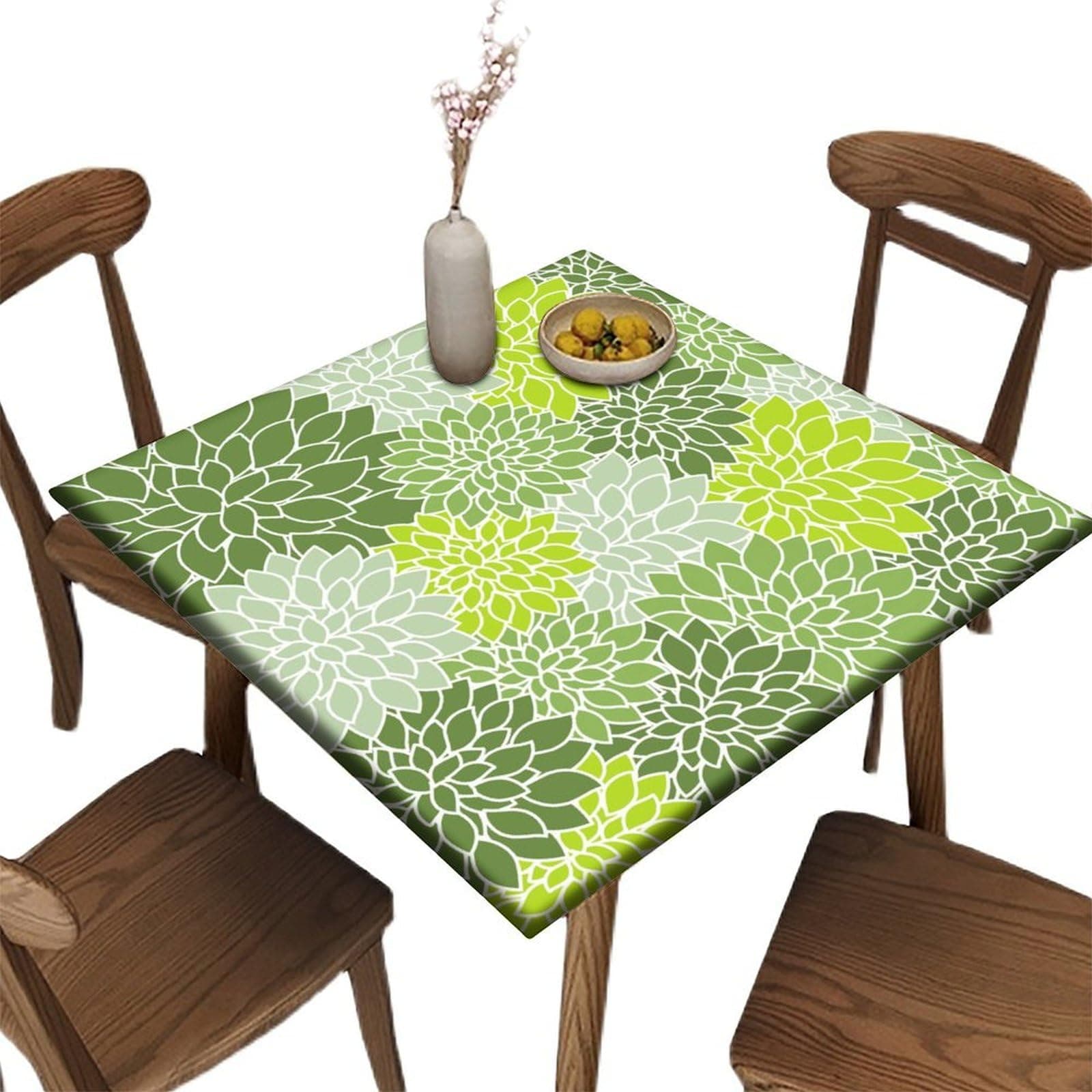 Bictucem Elastic Edge Square Fitted Tablecloth, Vintage Green Floral Polyester Table Cloth, for Outdoor Patio and Indoor Kitchen Dining Party, Fit for 32" x 32"Square Table