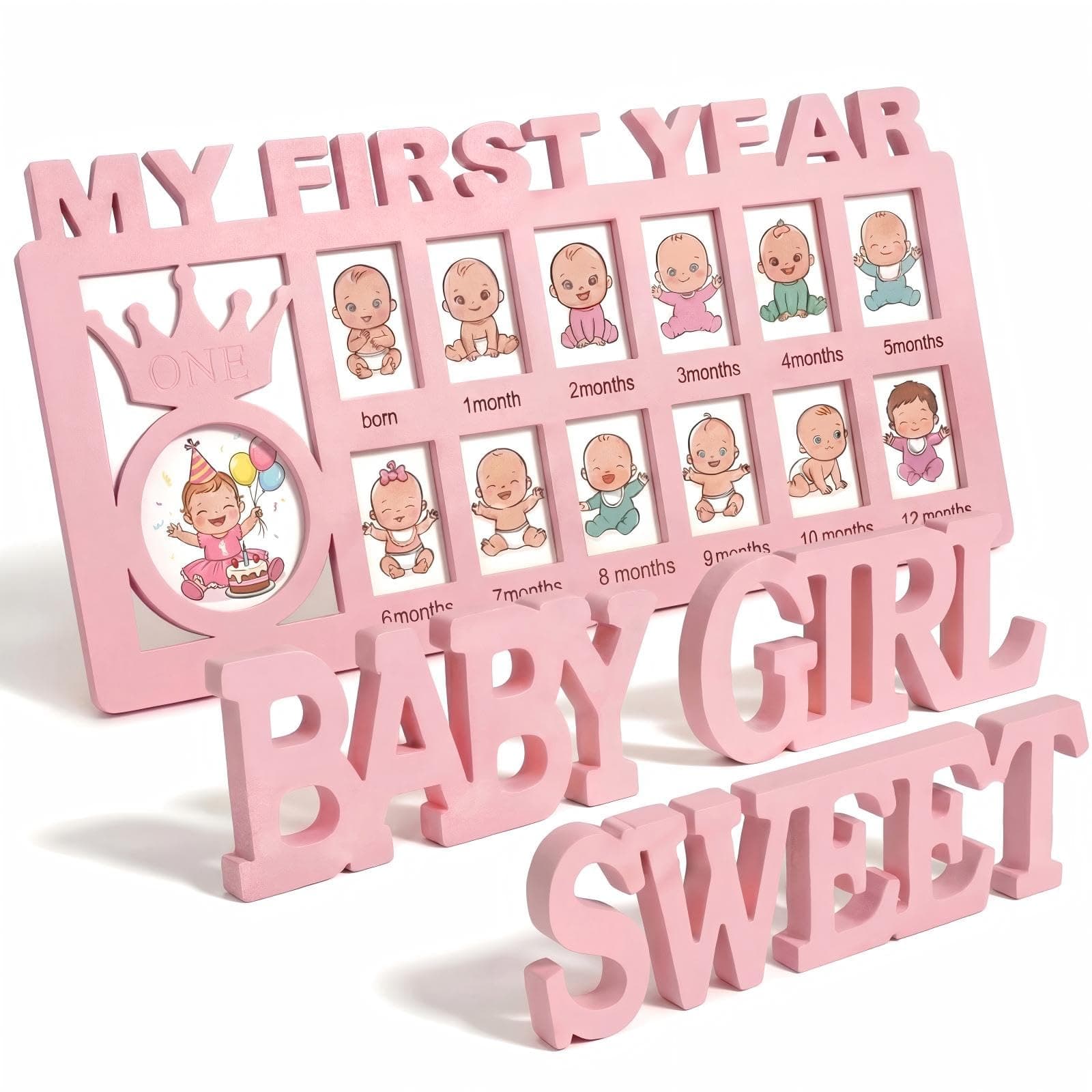 AceOrbit 4 Pack Baby Shower Decorations Include First Year Picture Frame 12 Monthly 3 Pack Pink Wood Letters Freestanding Sweet Baby Girl for First Birthday Sweet Party Supplies Photo Memories