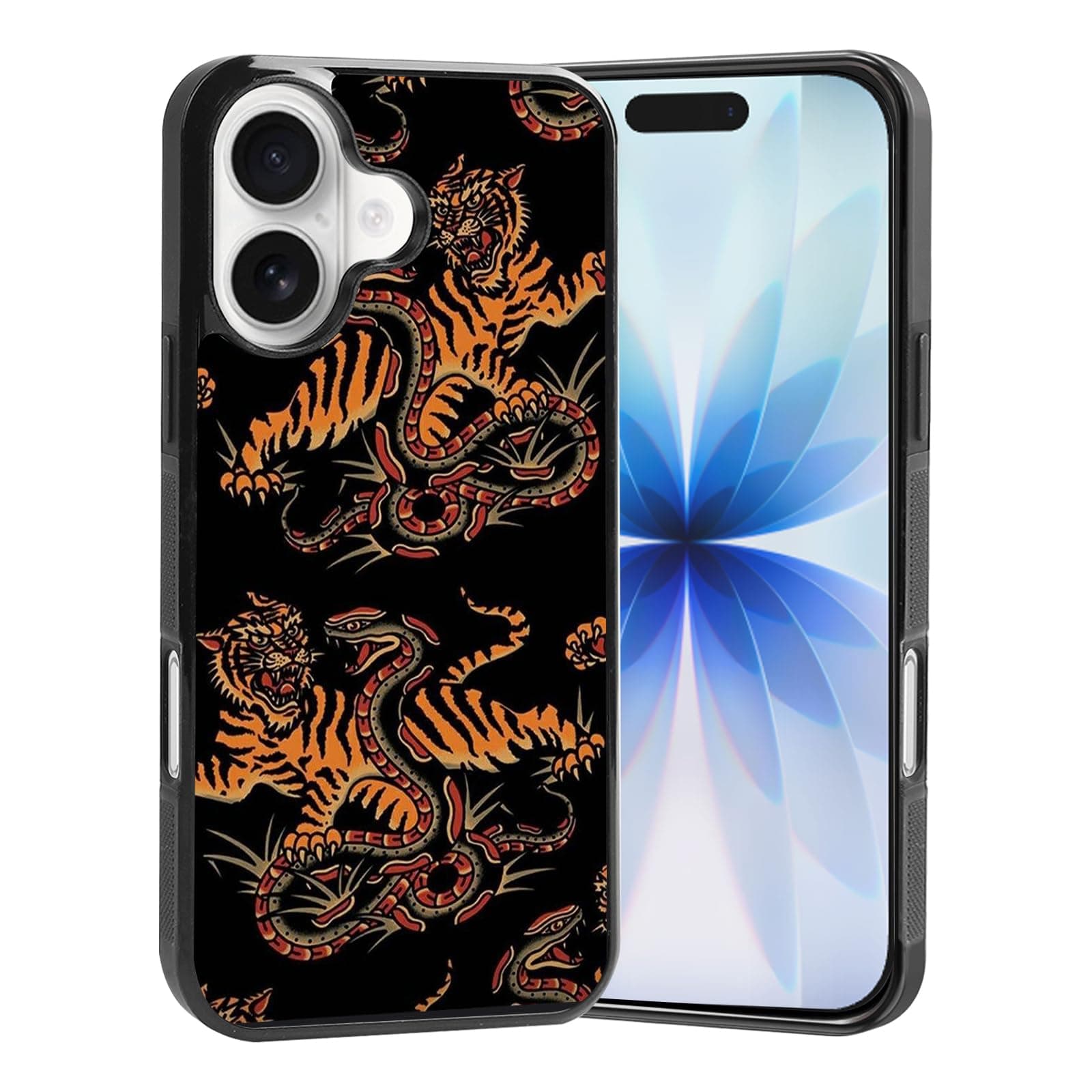 Cute Phone Case for iPhone 17 Case Cartoon Art Snake Tiger Fight Anti-Slip Protective Slim Shockproof Aesthetic-Black Brown