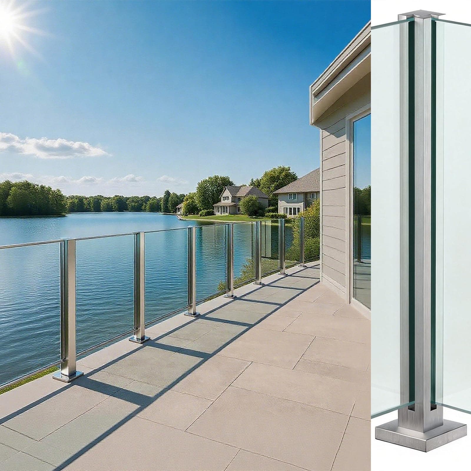 Cvter Glass Railing Post, No-Punch Heavy-Duty Glass Railing with Spigot Slots, 304 Stainless Steel Clamp Bracket for Deck Balusters, Balcony, Patio, Stairs, Silver 24in Corner Post