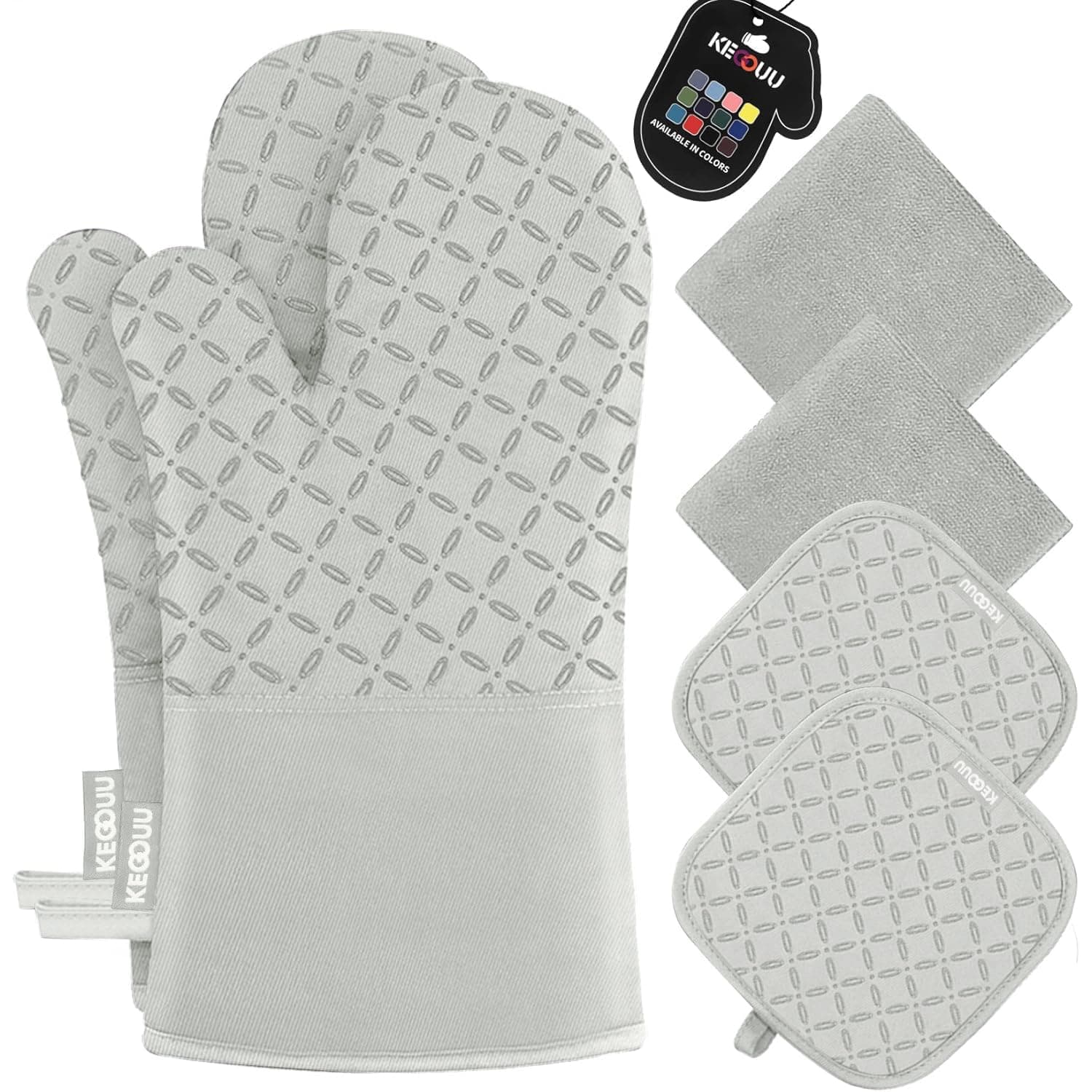 KEGOUU Oven Mitts and Pot Holders 6pcs Set, Kitchen Oven Glove High Heat Resistant 500 Degree Extra Long Oven Mitts and Potholder with Non-Slip Silicone Surface for Cooking (Light Green)