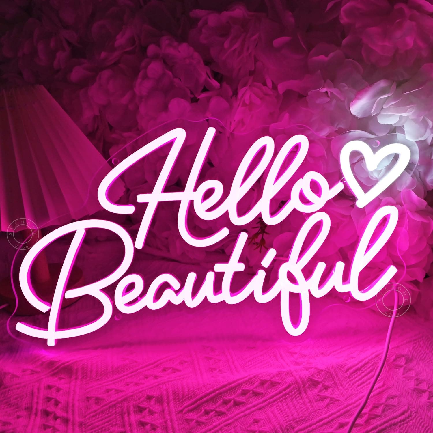 SYLHOME Hello Beautiful Led Neon Light Sign Pink Heart Hello Gorgeous Bedroom Wedding Birthday Party Decor USB Bacelorette Christmas Valentines Day Gifts 15.75"X8.7"