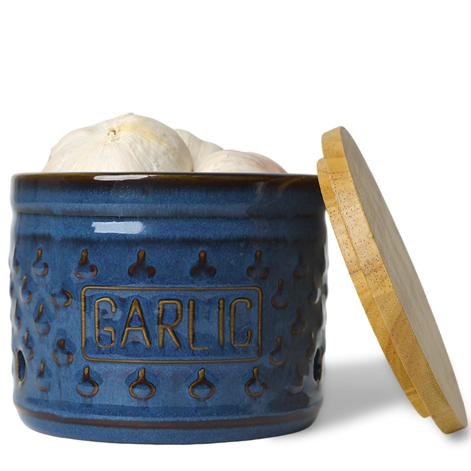 QUXIJA Ceramic Garlic Keeper with Wooden Lid, Farmhouse Garlic Holder Storage for Kitchen, Garlic Saver to Keep Your Garlic Cloves Fresh Longer, 4.3-Inch (Vintage Blue)