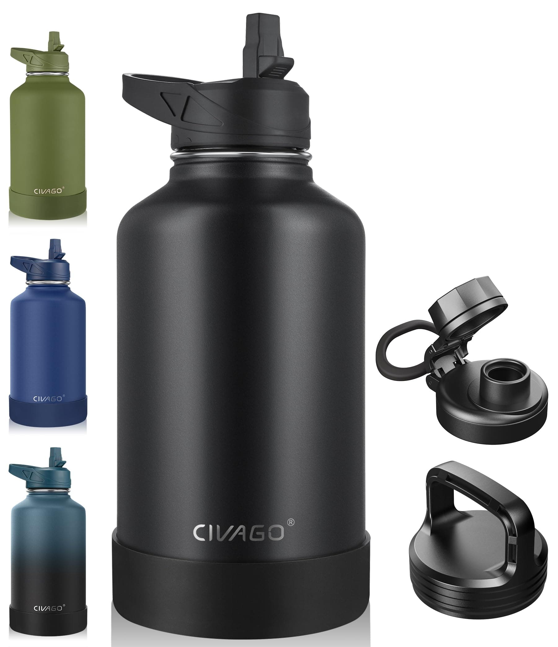 CIVAGO 64 oz Insulated Stainless Steel Water Bottle With Straw and 3 Lids