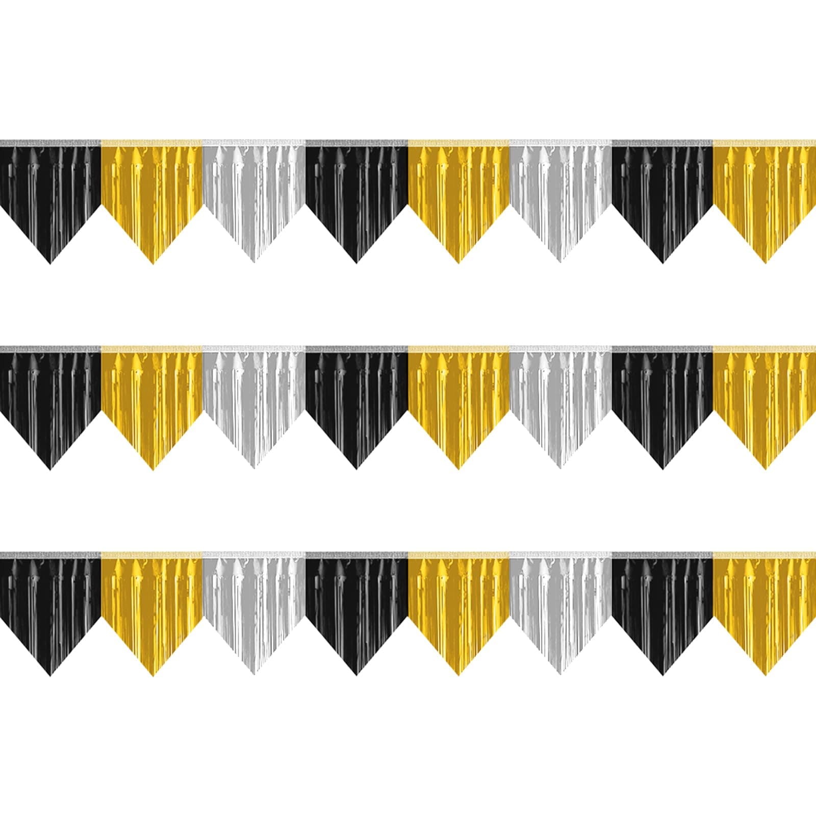 3P Banner Metallic Foil Fringe Garland Wall Hanging Tinsel Fringe Banners Curtains for Parade Floats Wedding Birthday Parties Graduation Decoration Halloween Christmas (Black Gold Silver)