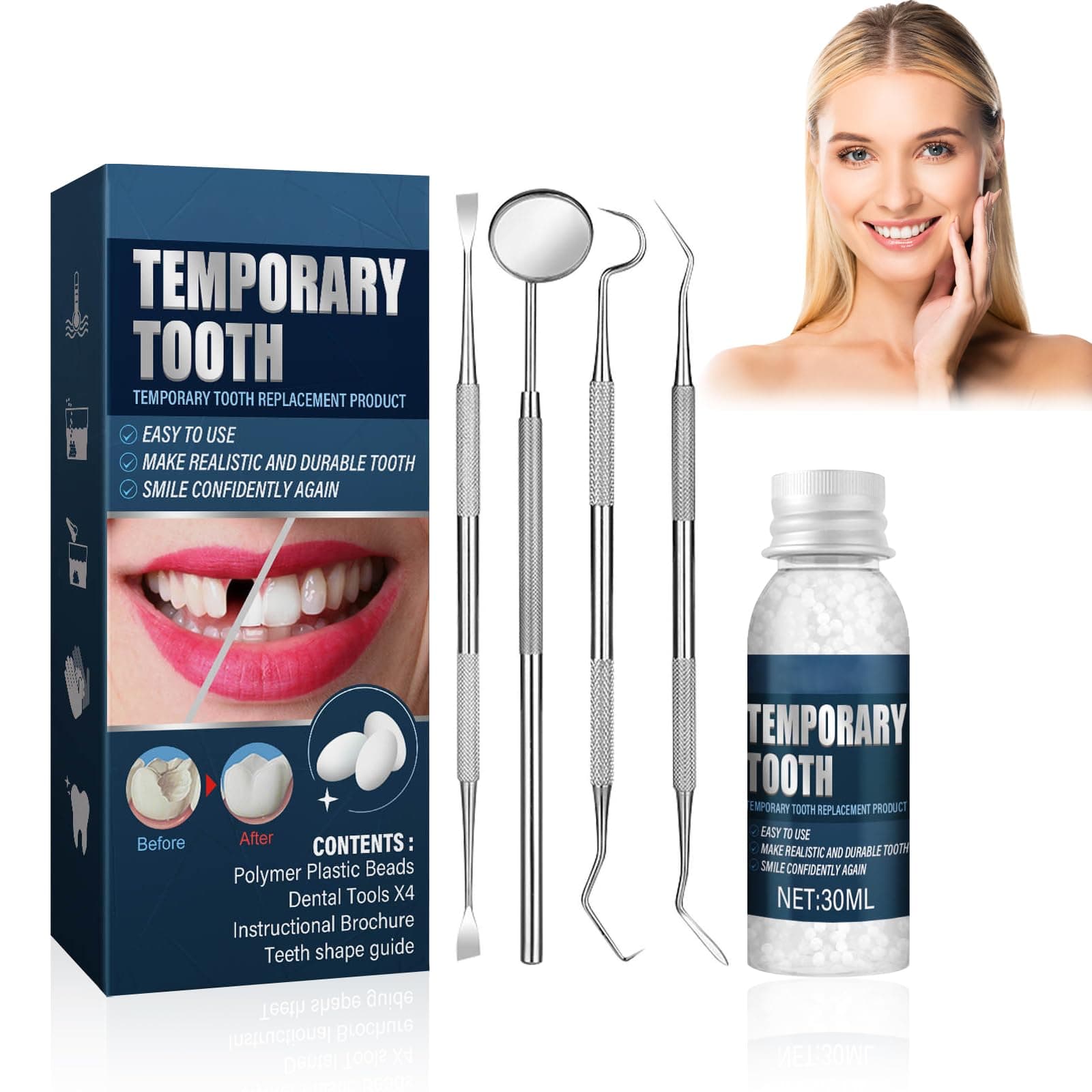 Temporary Tooth Set, Tooth Repair Kit, Temporary Teeth Replacement Kit for Chipped Teeth, Moldable False Teeth, Temporary Filling for Tooth