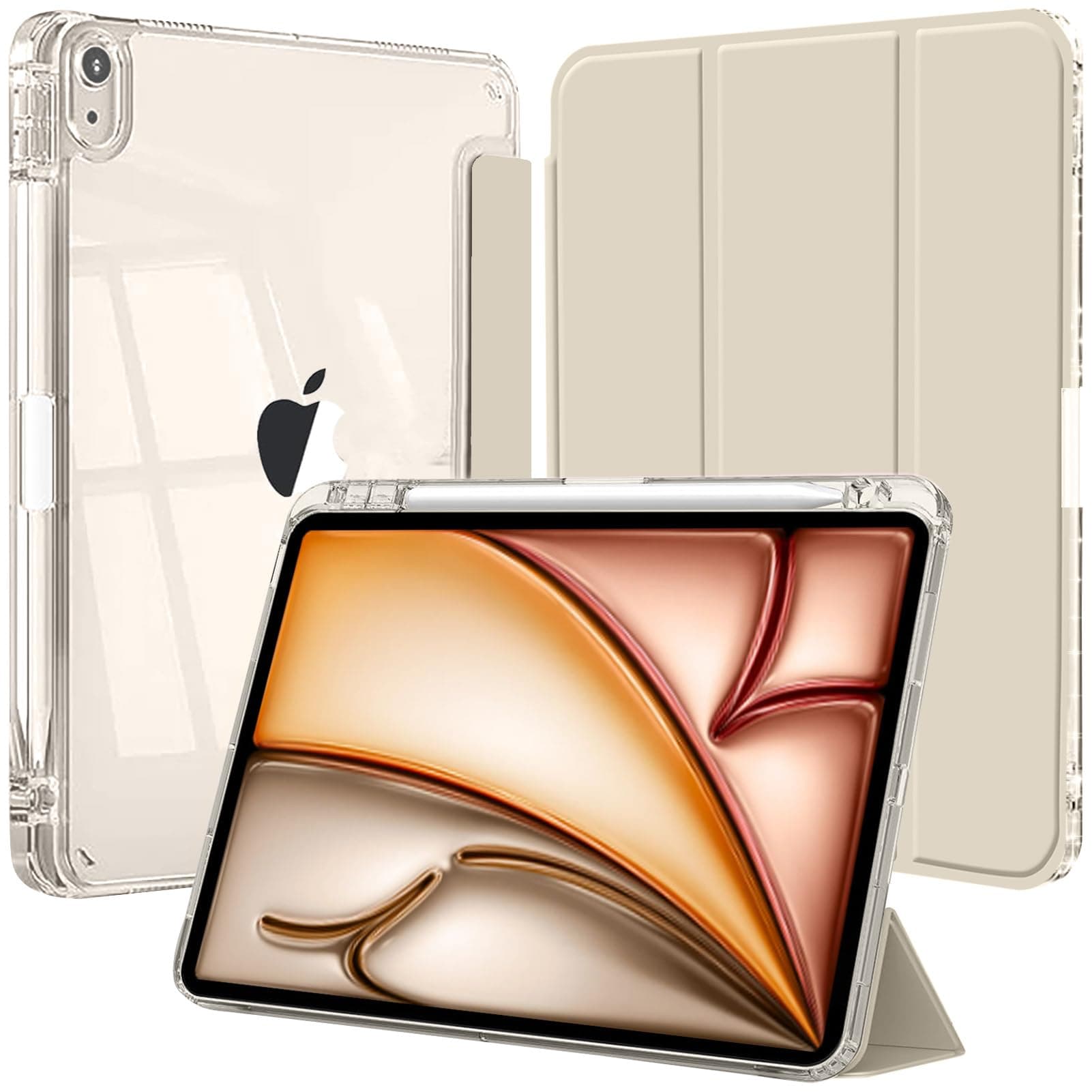 Case for iPad Air 13 Inch M4/M3/M2 (2026/2025/2024) with Pencil Holder, Clear Transparent Back Slim Stand Shockproof Tablet Cover, Auto Wake/Sleep, Starlight