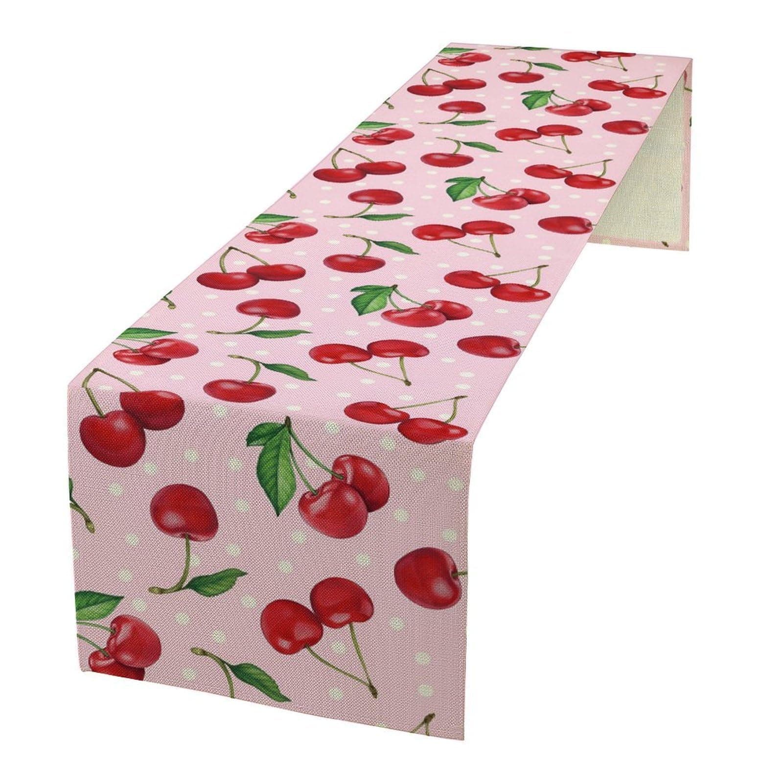 Red Cherry Table Runner, Pink Red Tropical Fruit Sweet Birthday Party Decoration Table Runner for Kitchen Dining Farmhouse Decor, 13x90 Inch