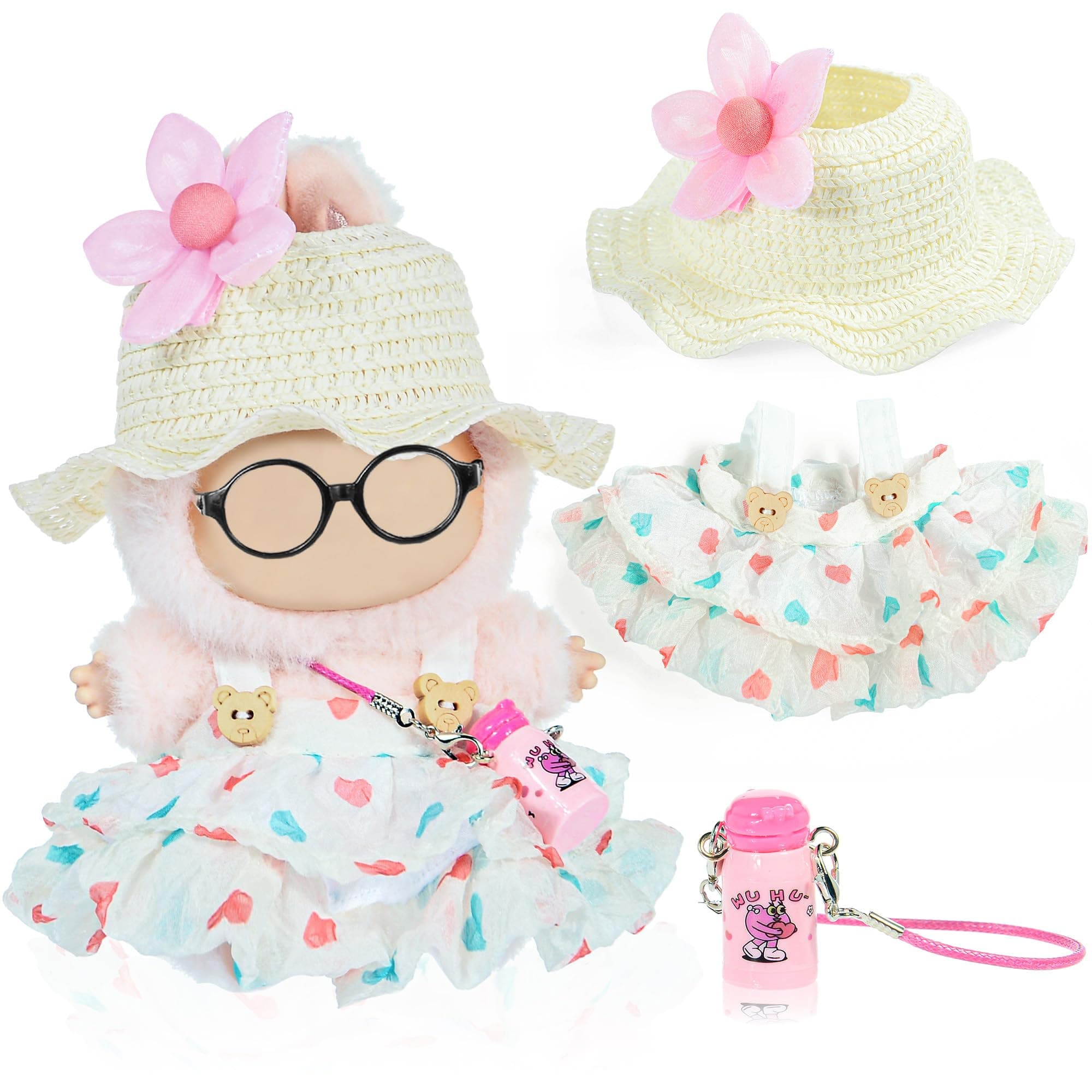 ebuddy One Set Kawaii Doll Clothes for 17cm Plush Dolls -Floral Collection Dress + Hat + Bag + Hair Clip Fits 6.7 Inch Mini Dolls (No Doll No Glasses)