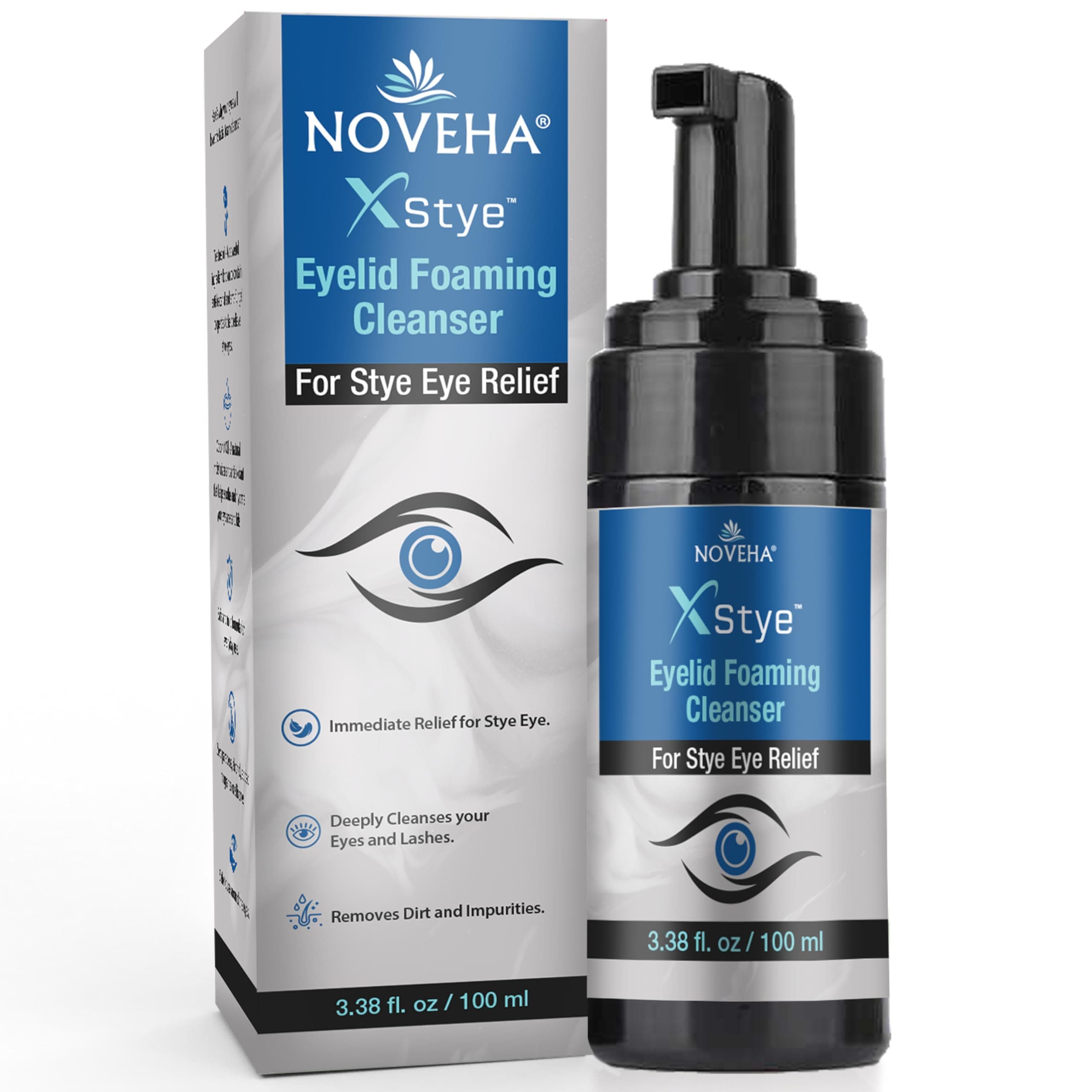 NOVEHA Eyelid Foaming Cleanser with Tea Tree Oil, Daily Eyelid and Eyelash Wash for Gentle Cleansing of Eyelids, Lashes & Face, 100 mL / 3.38 fl oz
