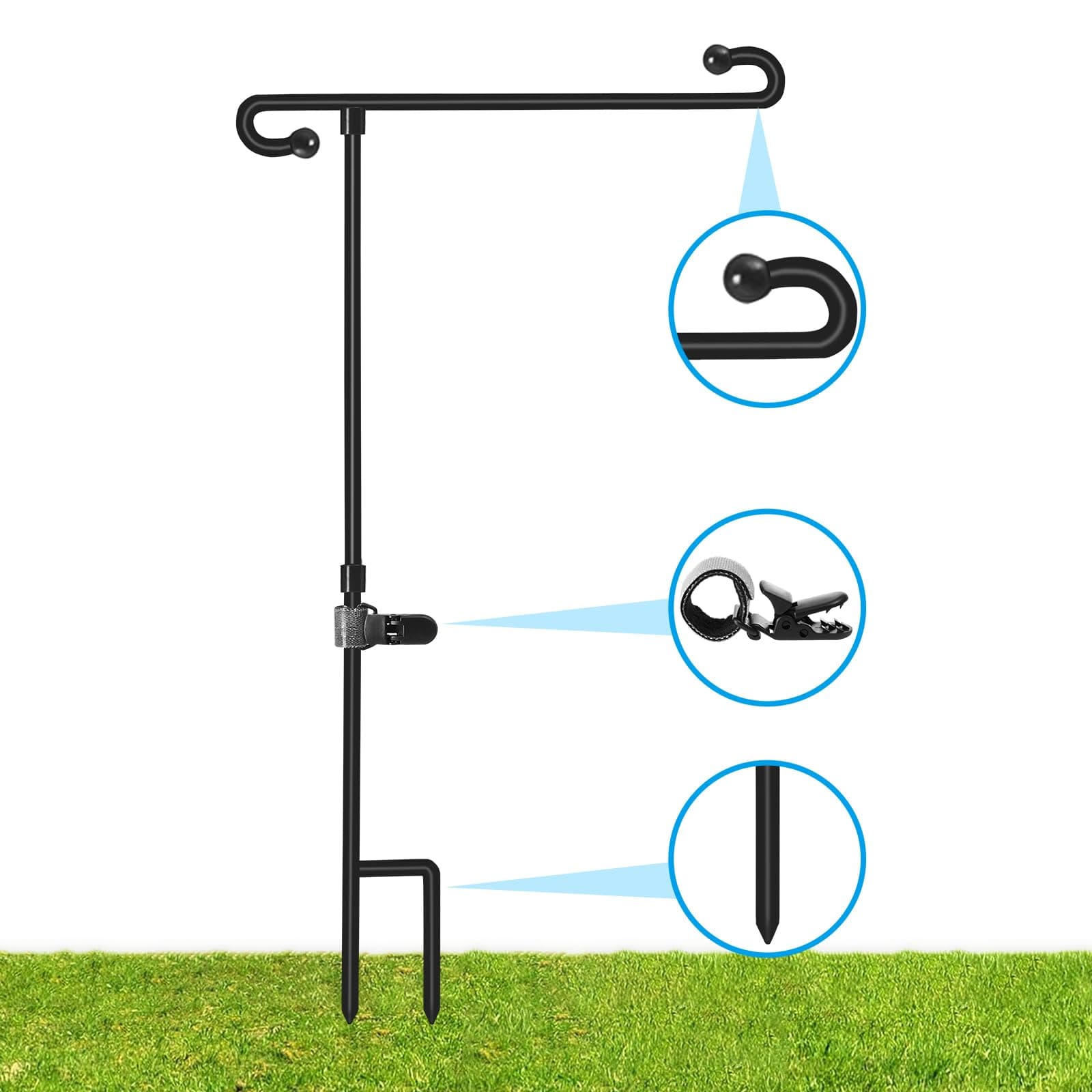 BLOWADM Garden Flag Stand Holder Pole, Premium Yard Flag Holder with Flag Stopper and Clip, Weather-Proof Metal Powder-Coated Flagpole for Outside Double Flag, Small Garden Flags Decoration 12 x 18