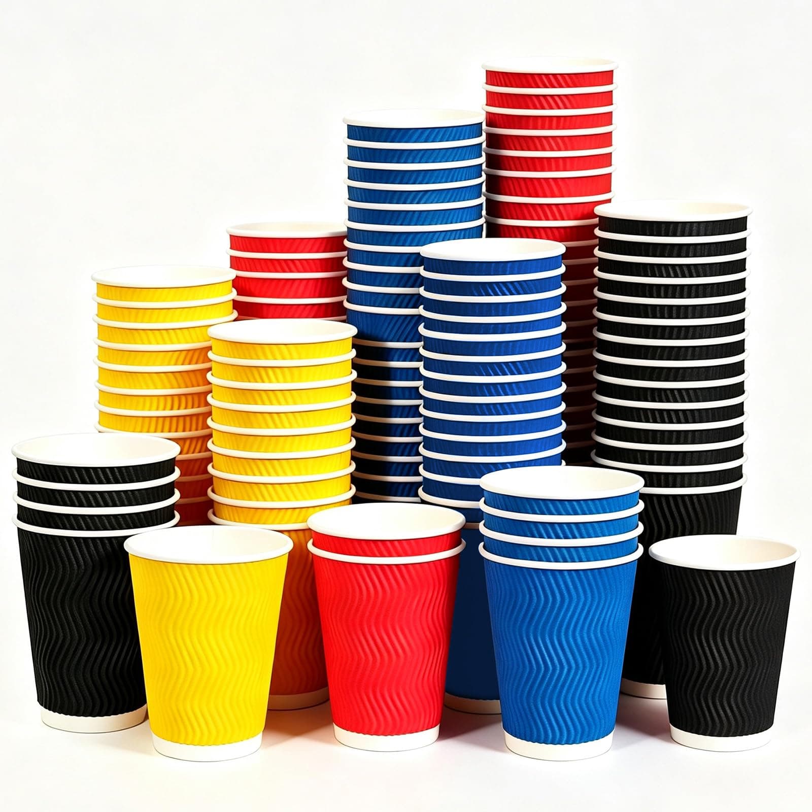 MOUMOULIFE Four-Color Assortment Coffee Cups (Red, Blue, Black, Yellow) - 100 Pack of 12 oz, Insulated Disposable Paper Cups with Corrugated Ripple Wall for Hot and Cold Drinks