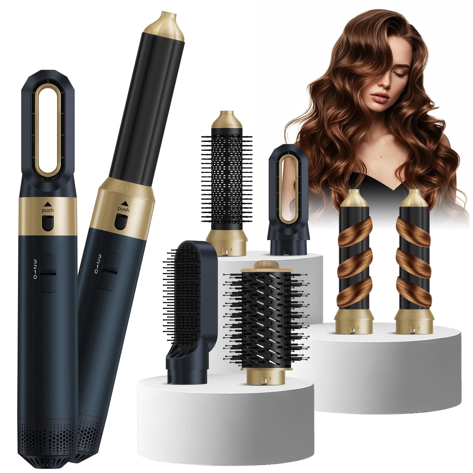6 in 1 Airstyler, Bwaliffury Multi Hair Styler Dryer Brush, 1000W Hairstyler, Automatic Curling Iron, Ceramic Technology, Professional Hot Air Brush,Airbrush for Drying,Creating Volume (Black blue)