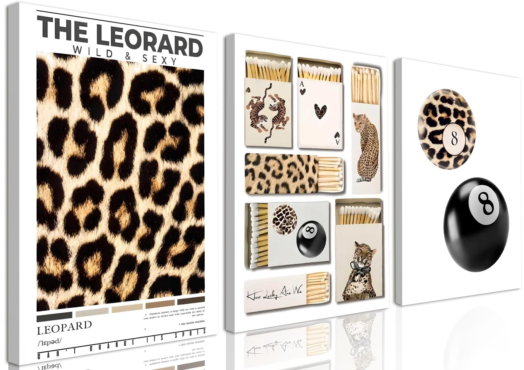 Framed Trendy Leopard Print Wall Art Set of 3, Stylish 8 Ball Matchbox Poster Prints Funky Preppy Room Aesthetic Cheetah Wall Decor Picture for Girls Bedroom Apartment Dorm 16x24 inch
