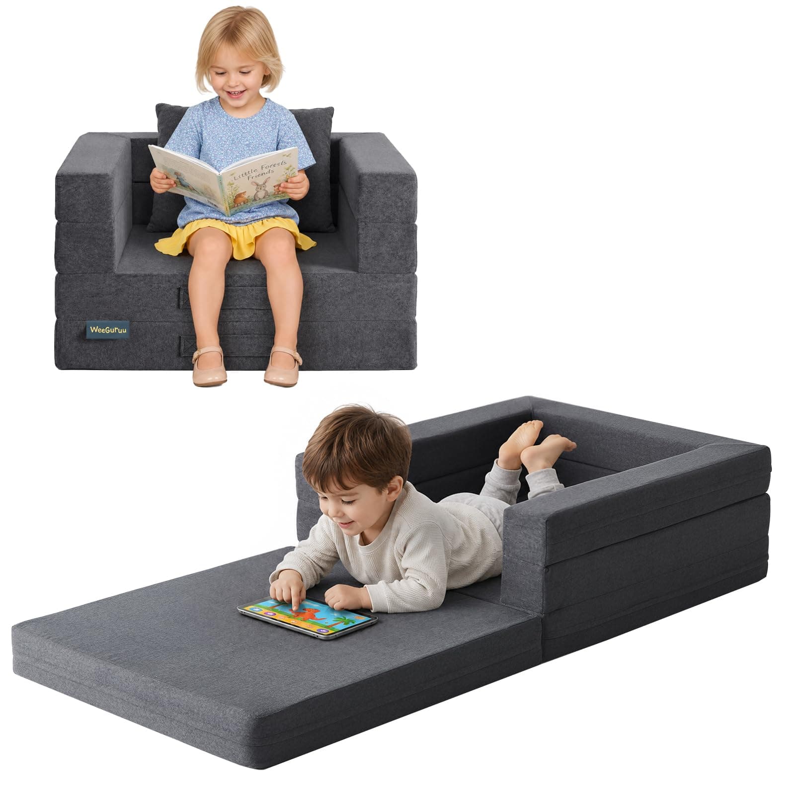 WeeGuruu Travel Toddler Bed, 3-in-1 Convertible Sofa Bed for Toddler Portable Floor Beds, Flip Open Sofa Lounger for Girls and Boys, Made with High-Density Foam and Washable Cover,Gray