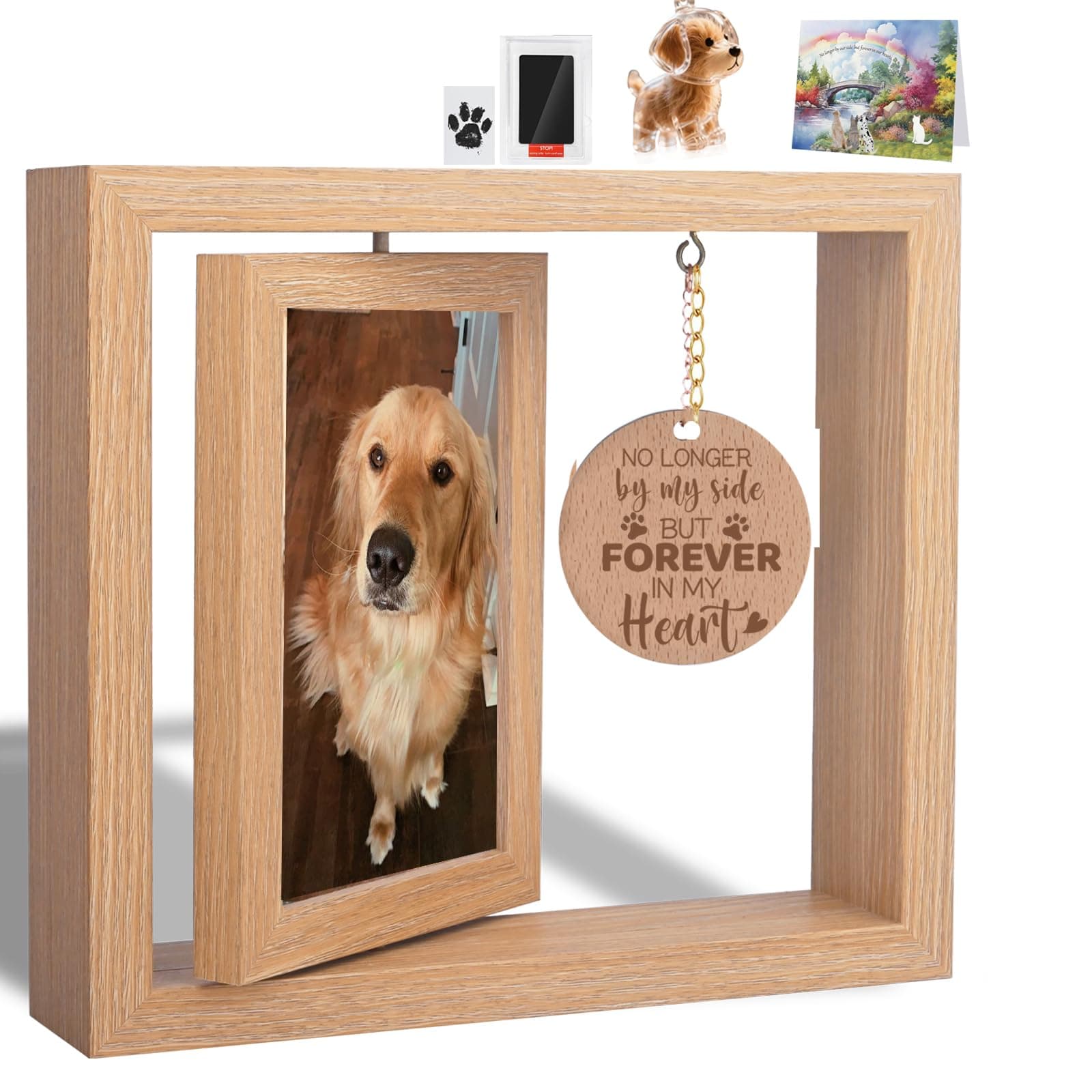 Andthen Dog Memorial Picture Frame with Dog Hair Collector Keychain & Pet Paw Print Kit,Pet Loss Gifts Wooden Rotating Picture Frame 4 X 6