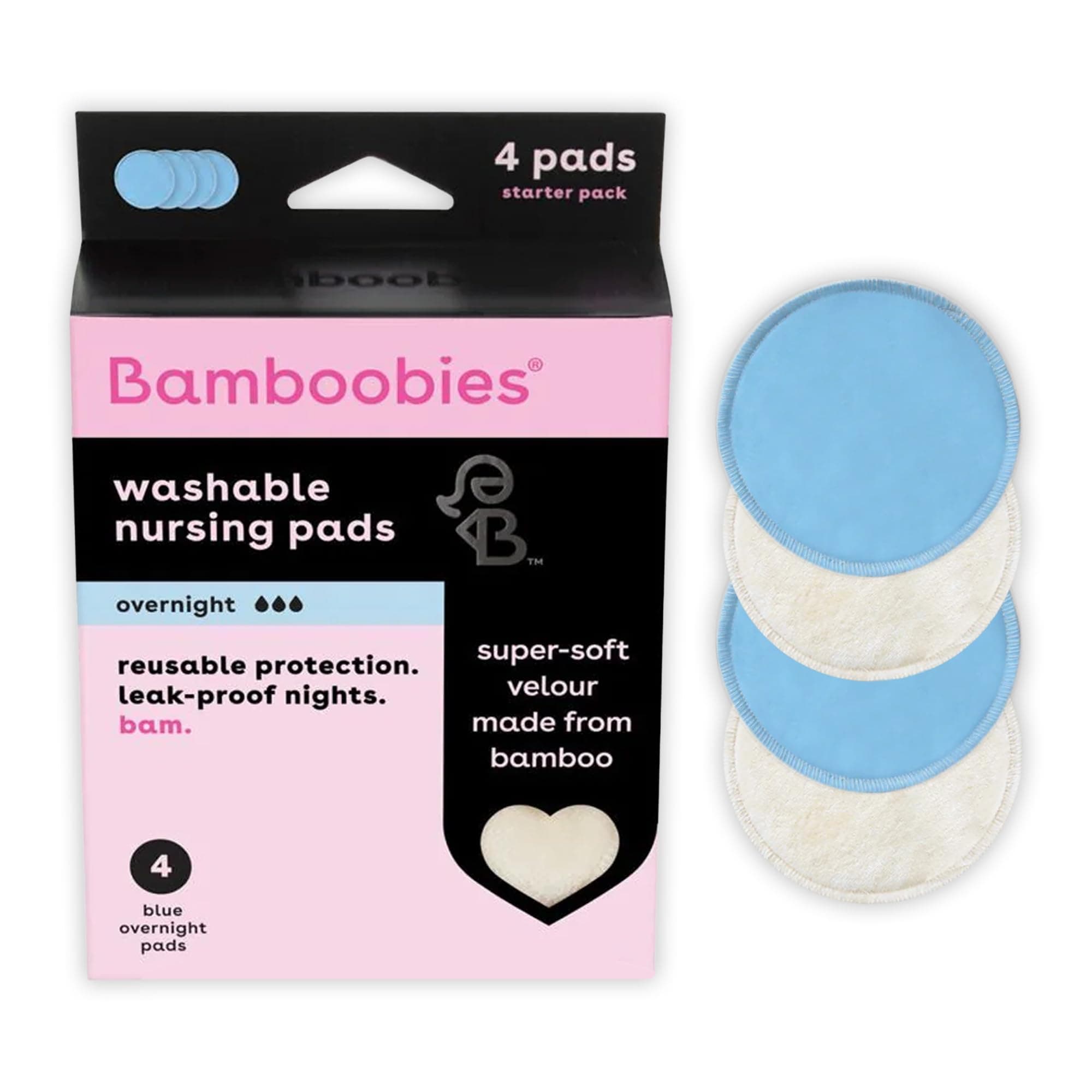 Bamboobies Nursing Pads for Breastfeeding, Reusable Breast Pads, Perfect Baby Shower Gifts, 2 Overnight Pairs
