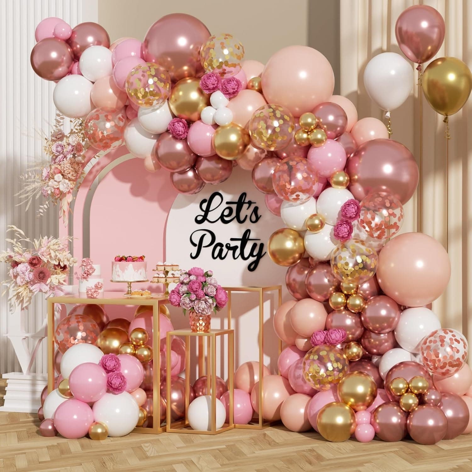 Rose Gold Balloons Garland Kit, 142PCS Nude Pink Metallic Rose Gold White Balloon Arch Kit with Gold and Rose Gold Confetti Balloons for Wedding Bridal Shower Girl Birthday Baby Shower Decorations