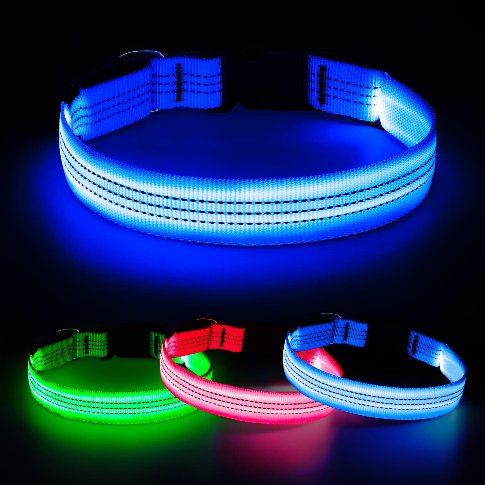 DOMIGLOW LED Dog Collar, Rechargeable Light Up Dog Collars Glow in The Dark, Adjustable Waterproof Collar Light for Medium Dogs (Blue, M)