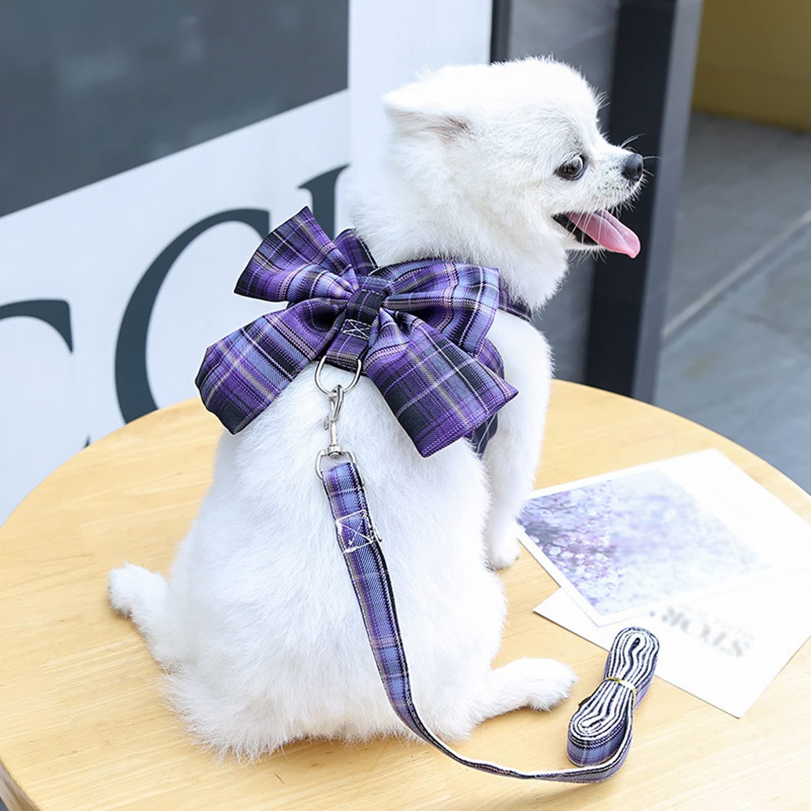 Dog Harness and Leash Set, Cute Bow Tie Plaid Harnesses for Puppy Cat, Adjustable Pet Kitties Vest, Breathable Harness Traction Rope for Boy Girl Small Animal(Harness Purple,S for 3.3-5.5lbs Dog)