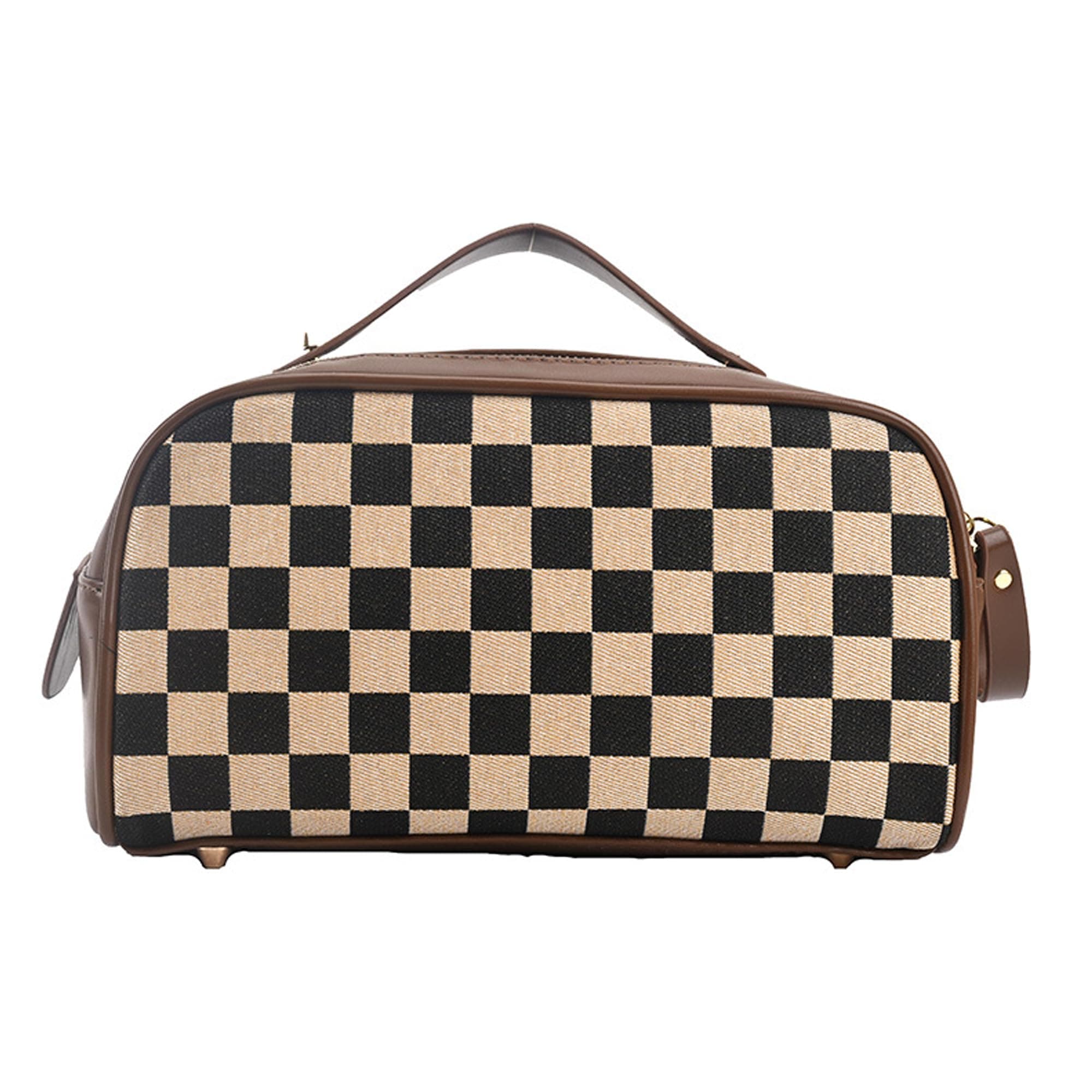UINSUE Vintage Makeup Bag for Women Portable Retro Checkered Pattern Cosmetic Organizer Patchwork Style Pillow Storage Pouch Skincare Storage Bag Large Capacity Elegant Handheld Waterproof Handbag,