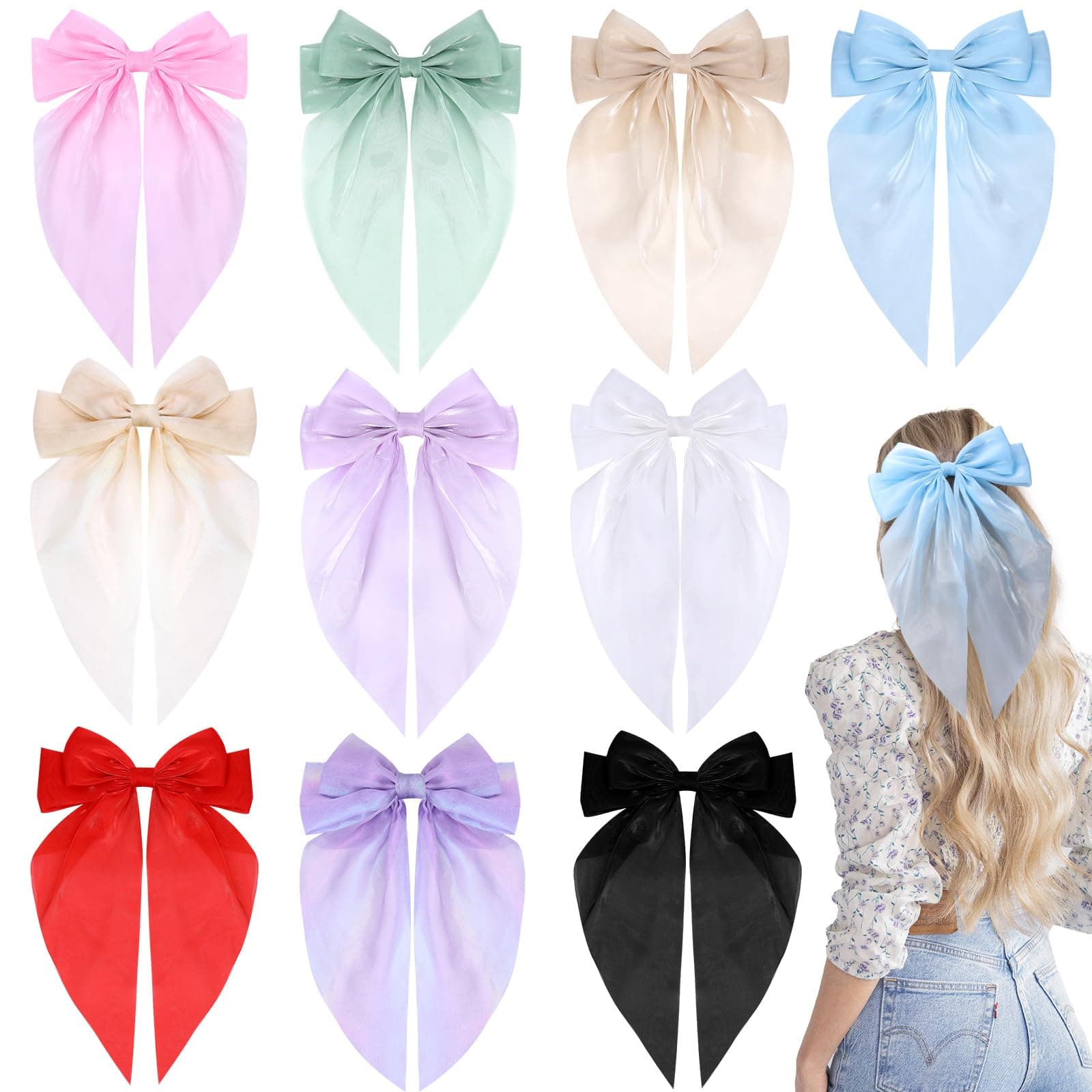 10 PCS Big Hair Bows for Women Girls,TOKUFAGU Large Hair Ribbon Bow Barrette Clips for Girls,Hair Bows with Long Tail Vintage French Hair Accessories for Women (Polished satin surface)