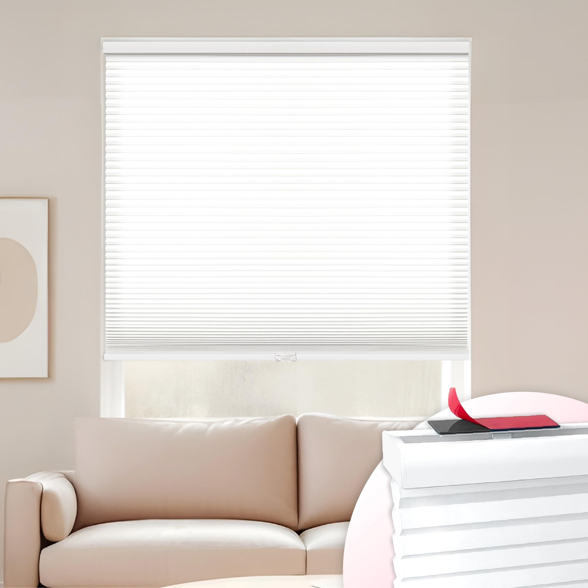 DEZ FURNISHINGS EZ Stick No Drill No Tools Cordless 1" Light Filtering Cellular Shade, 40.5" W x 42" H, White