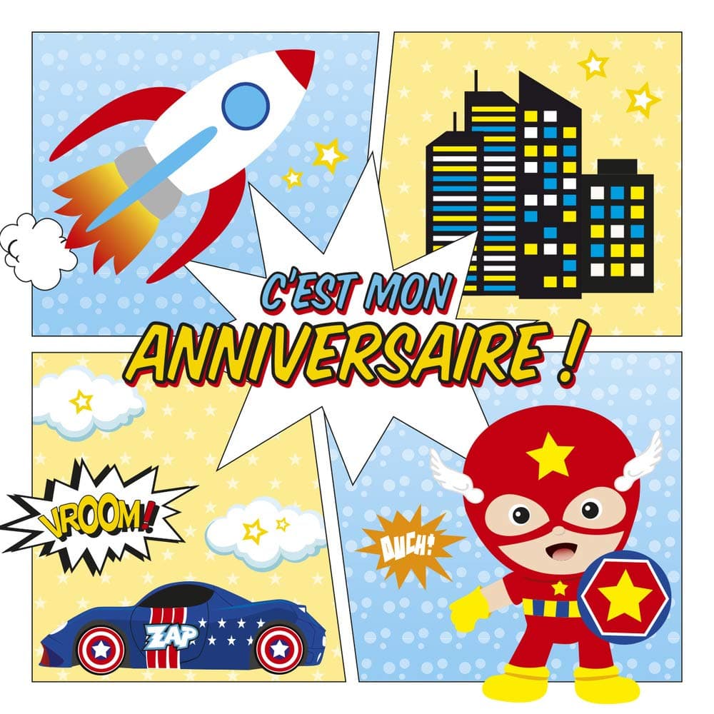 Clairefontaine 20034C – A set of birthday invitations including 8 single cards 11.6 x 11.6 cm + 8 envelopes 12 x 12 cm, Super Hero