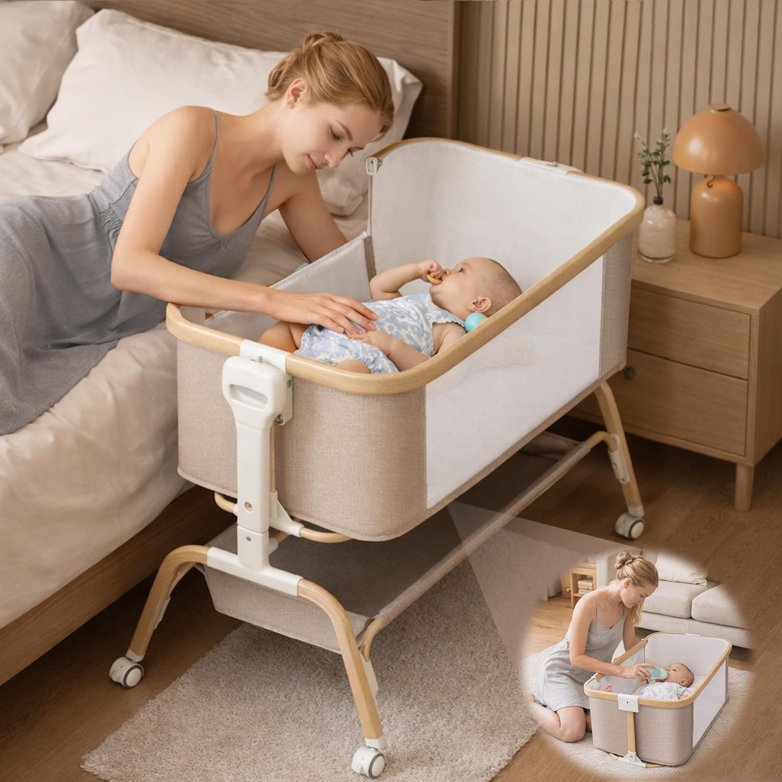 Rocking Baby Bassinet Bedside Sleeper, Detachable Portable Bassinet