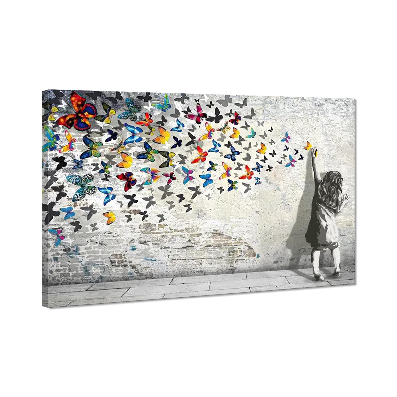 Banksy Wall Art for Living Room Large Size Framed Canvas Wall Art Colorful Graffiti Artwork Girl and Butterfly Posters Prints Modern Home Office Decor Ready to Hang - 28x44inch